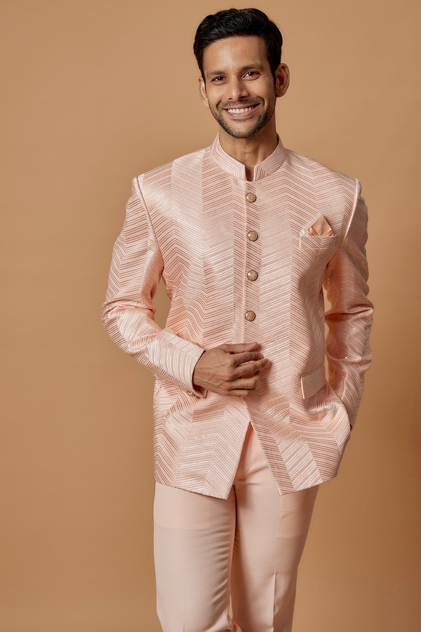 Peach Suiting Fabric Embroidered Jodhpuri Set