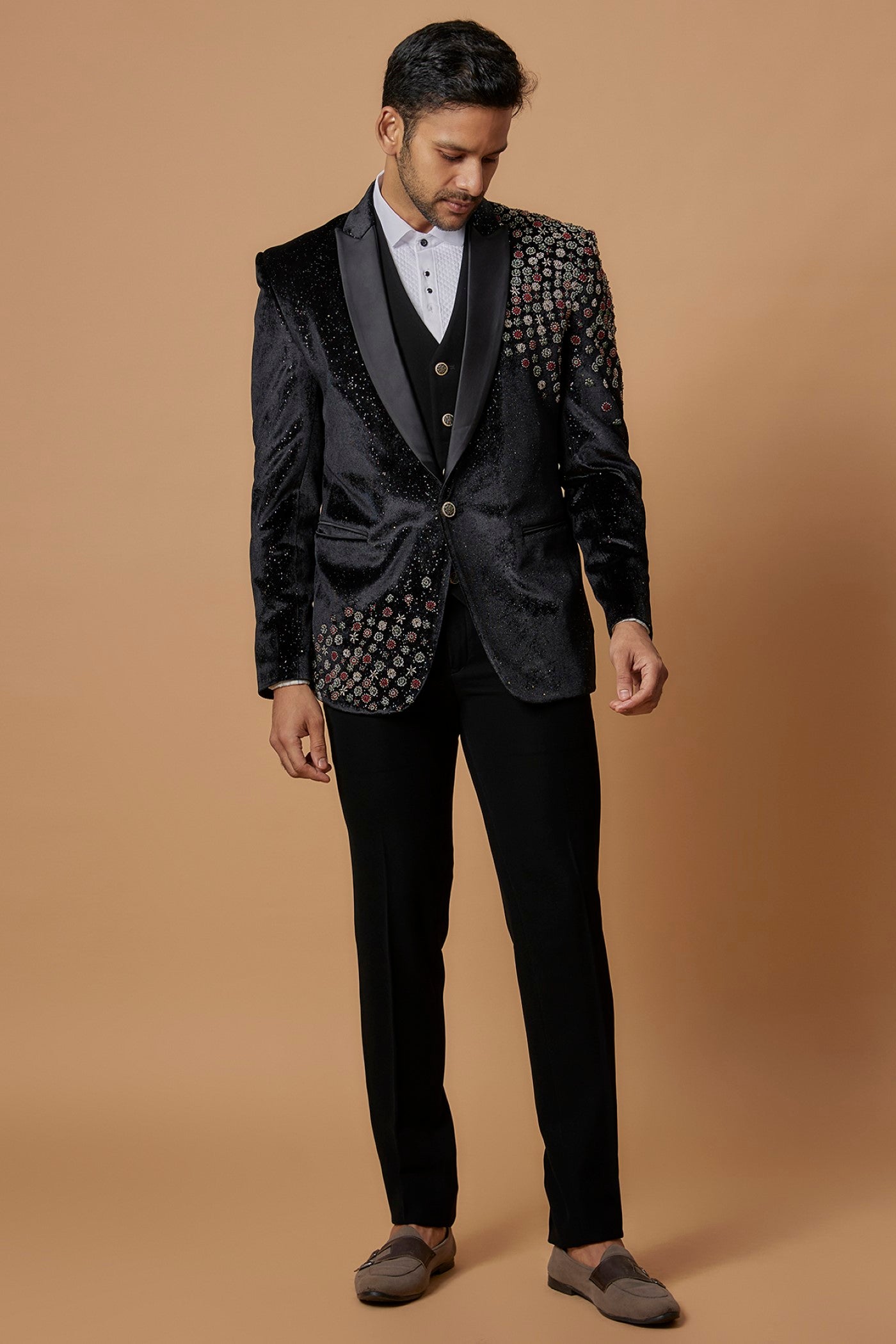 Black Imported Suiting Fabric Embroidered Tuxedo Set