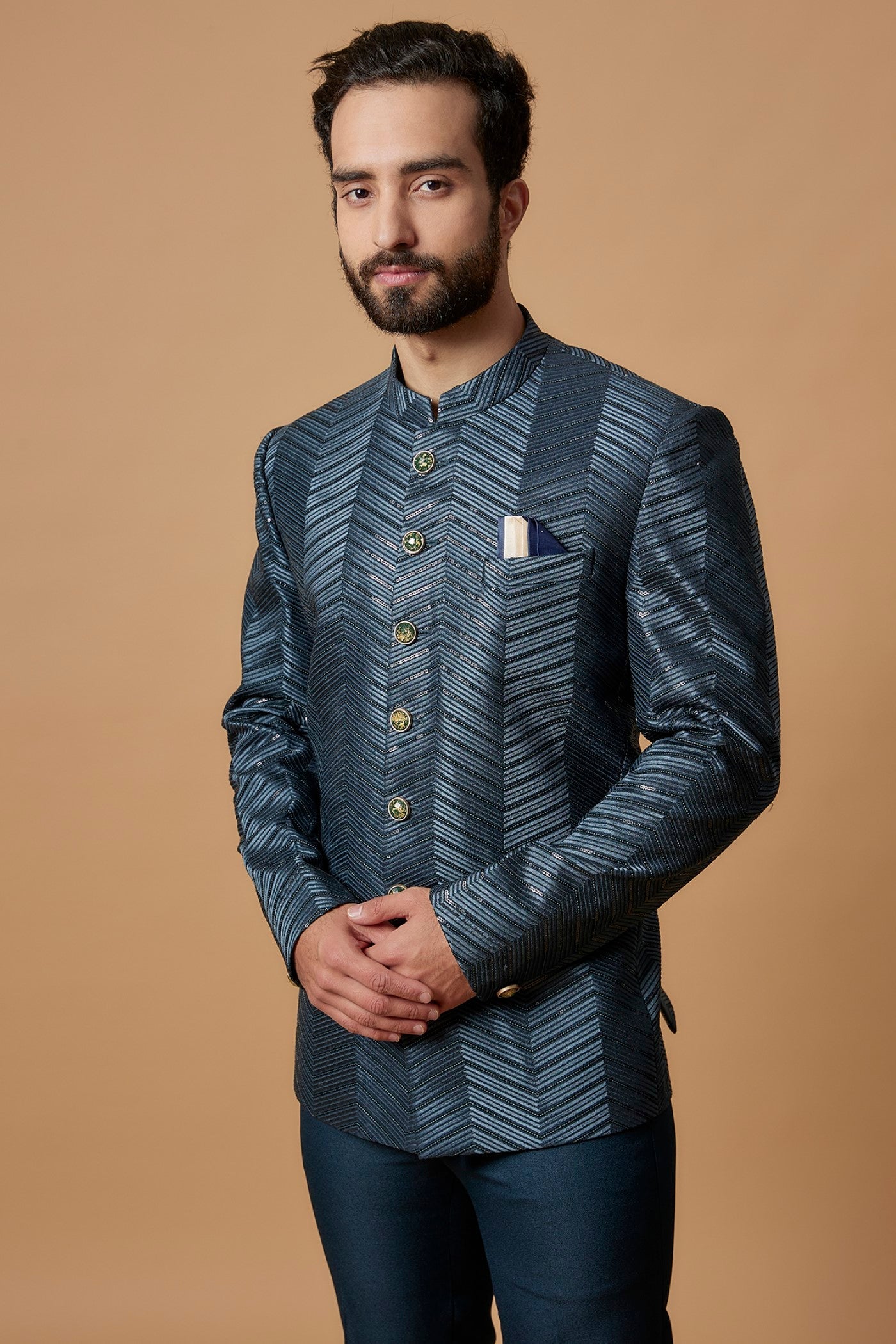 Grey Silk Embroidered Jodhpuri Set