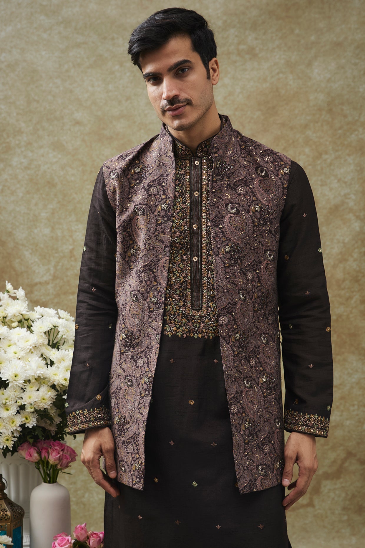 Coal Black splendid Silk Kurta Jacket set