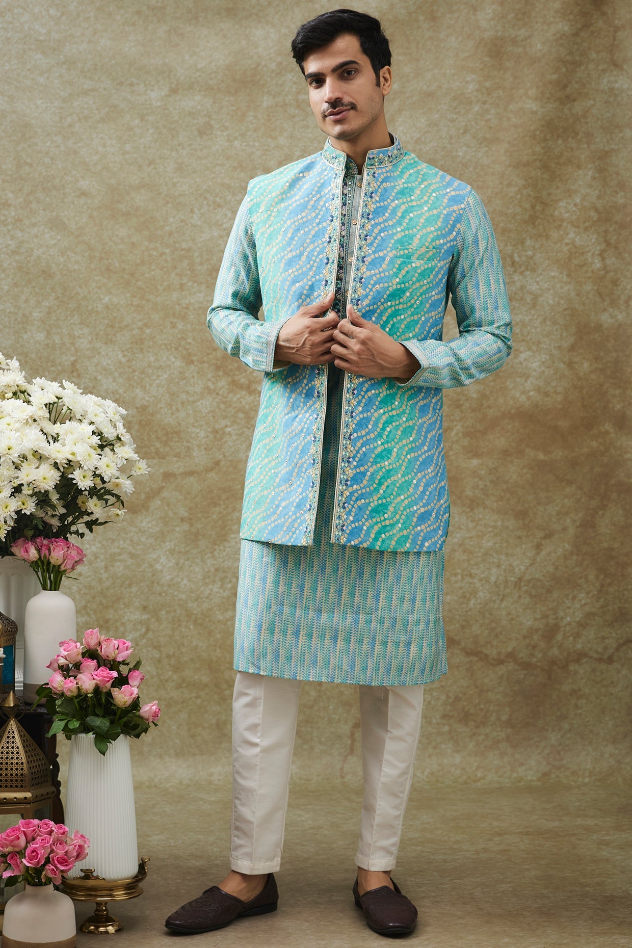 Turquoise Art silk Koti Kurta set