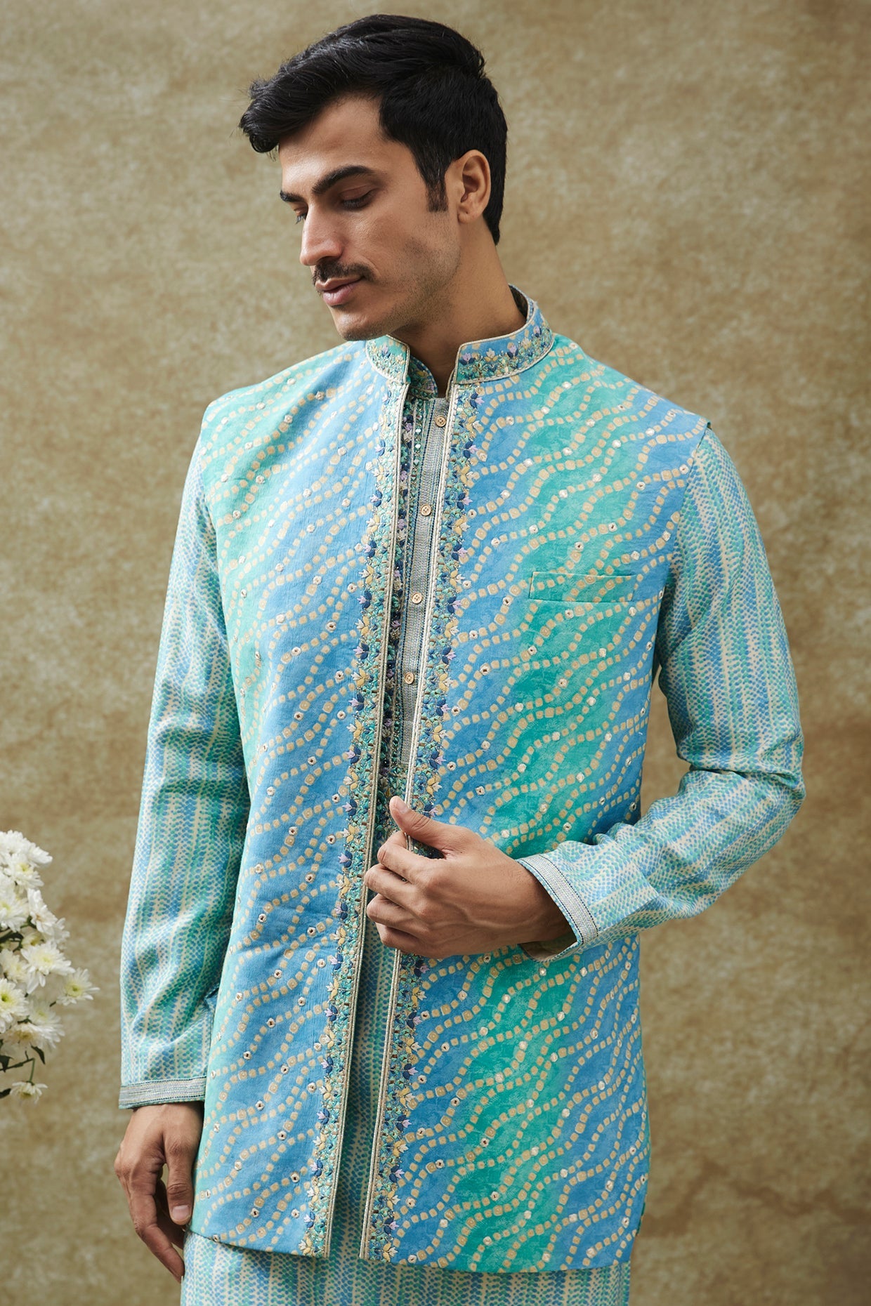 Turquoise Art silk Koti Kurta set