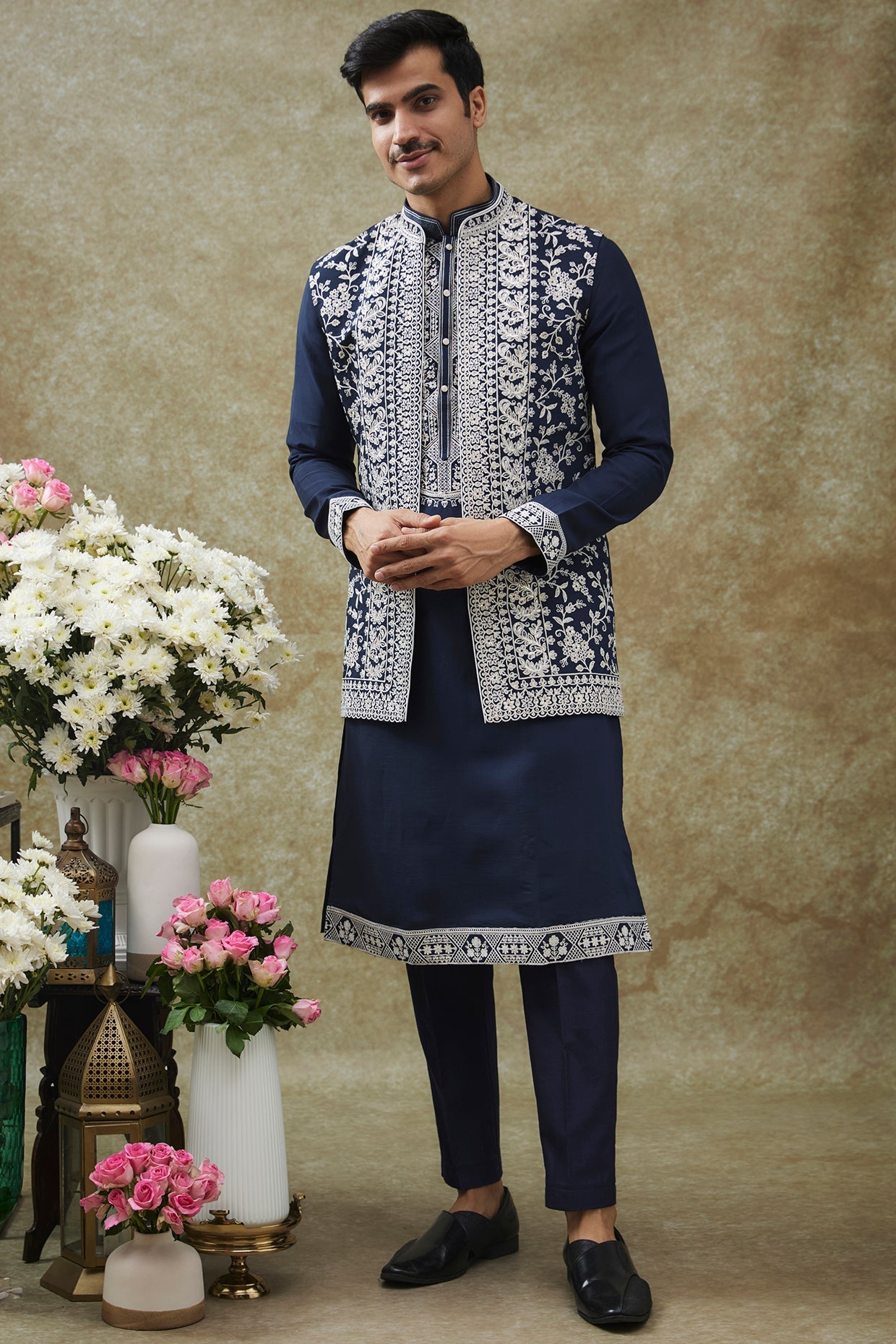 Berry Blue Splendid Silk Jacket Kurta Set