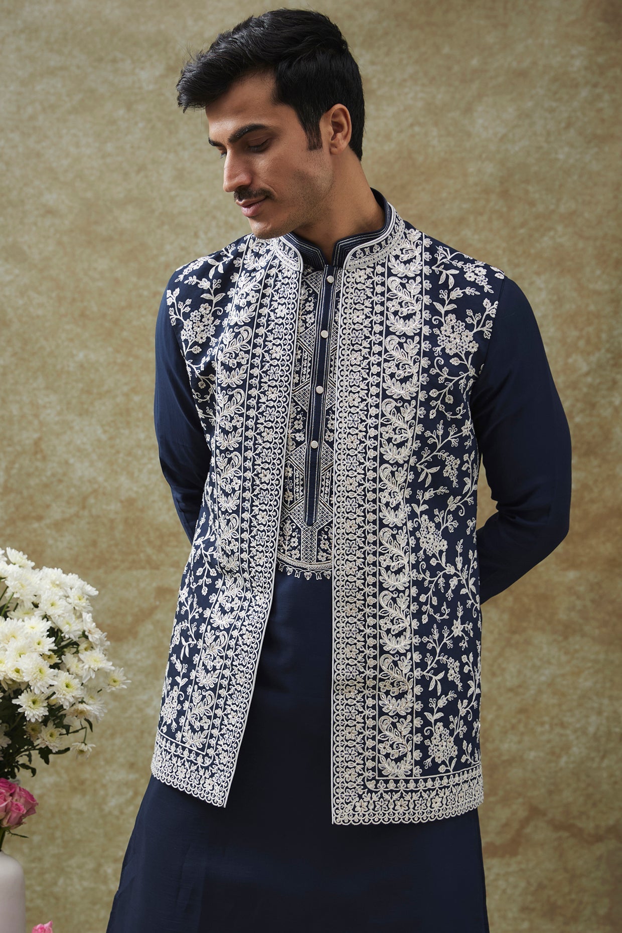 Berry Blue Splendid Silk Jacket Kurta Set