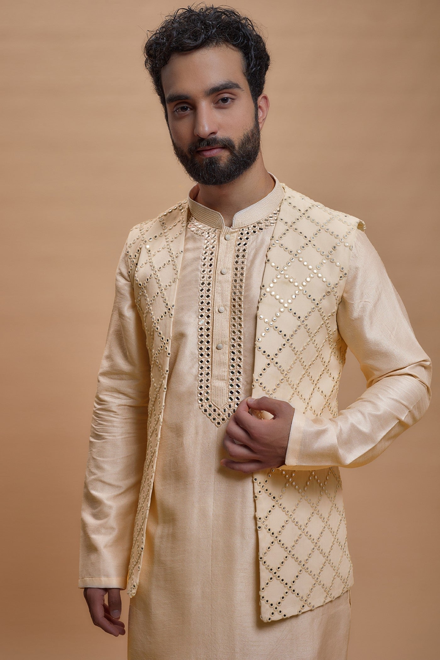 Peach Silk Embroidered Indo-Western Set