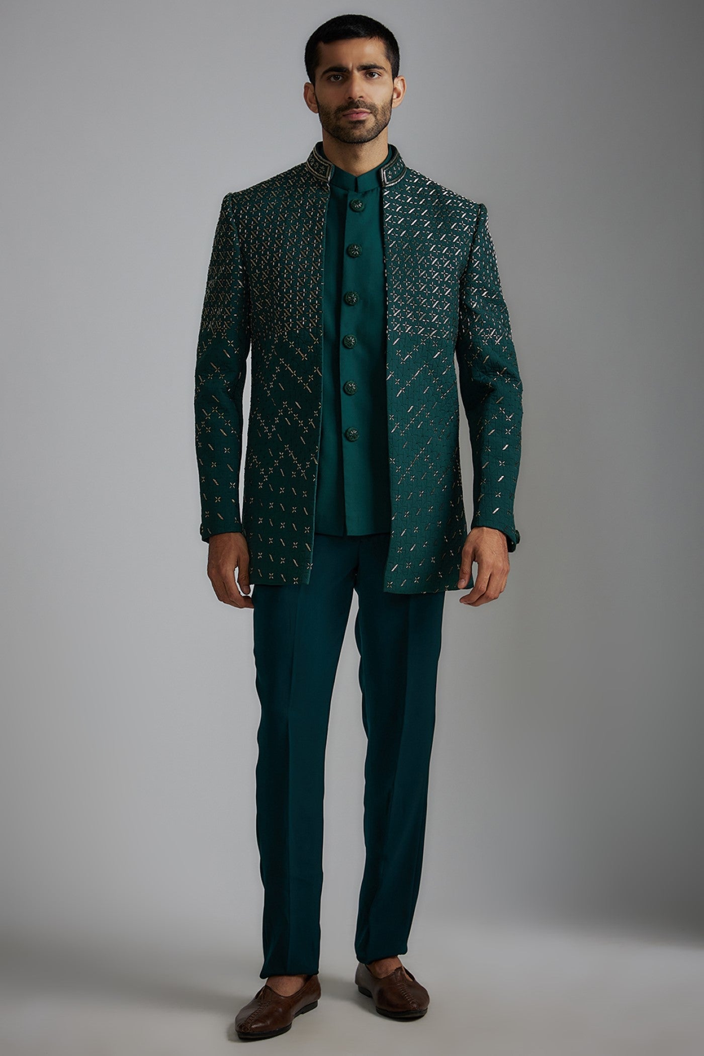 Green Suiting Fabric Indowestern Set