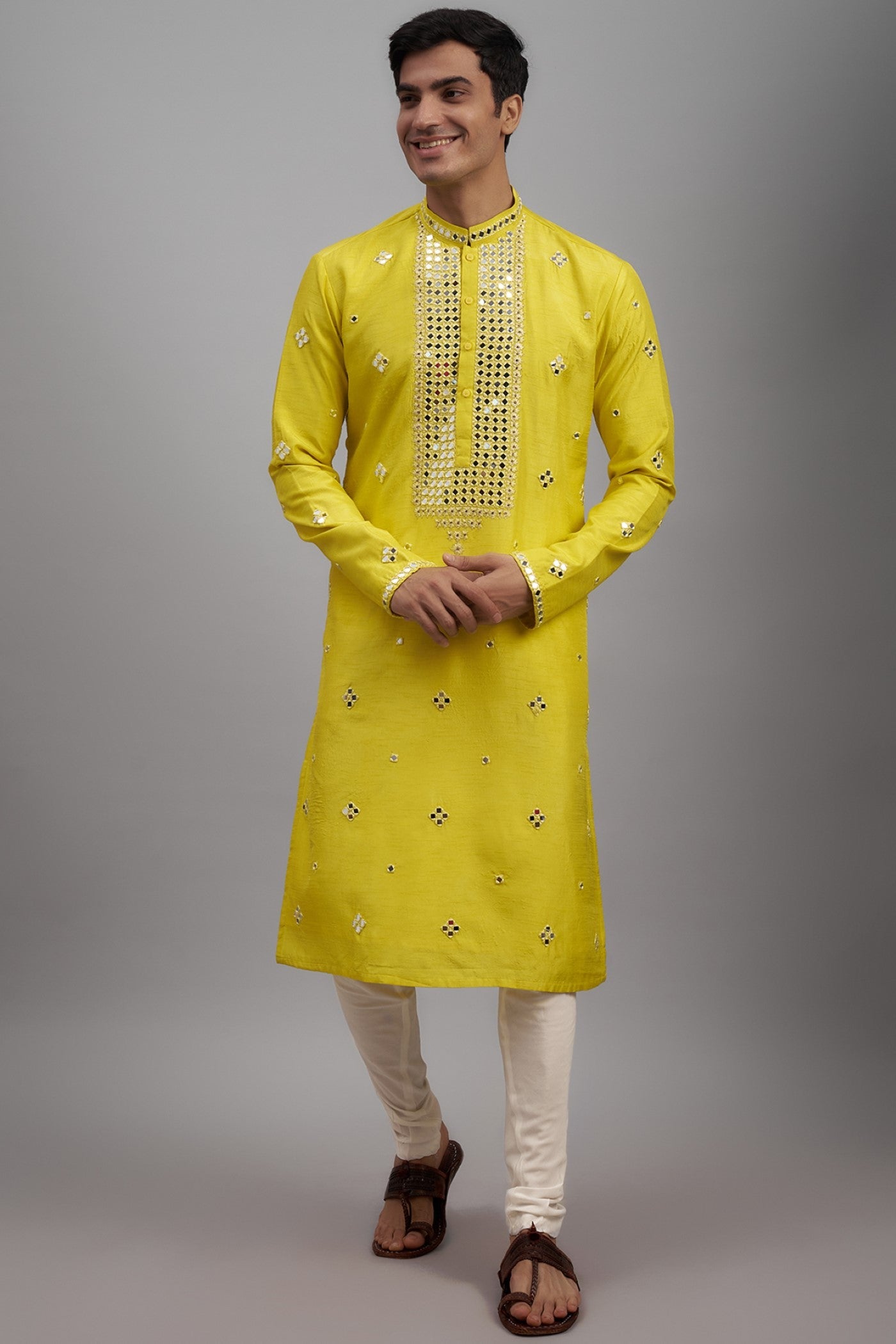 Yellow Silk Embroidered Kurta Set