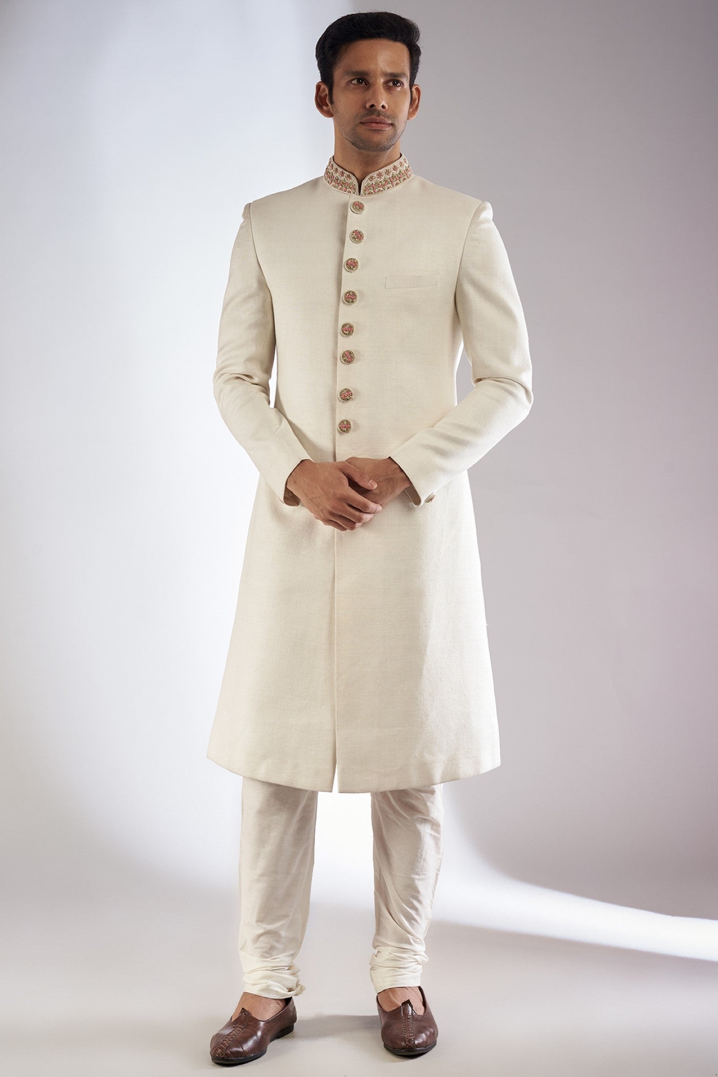 White Double Matka Silk Sherwani Set