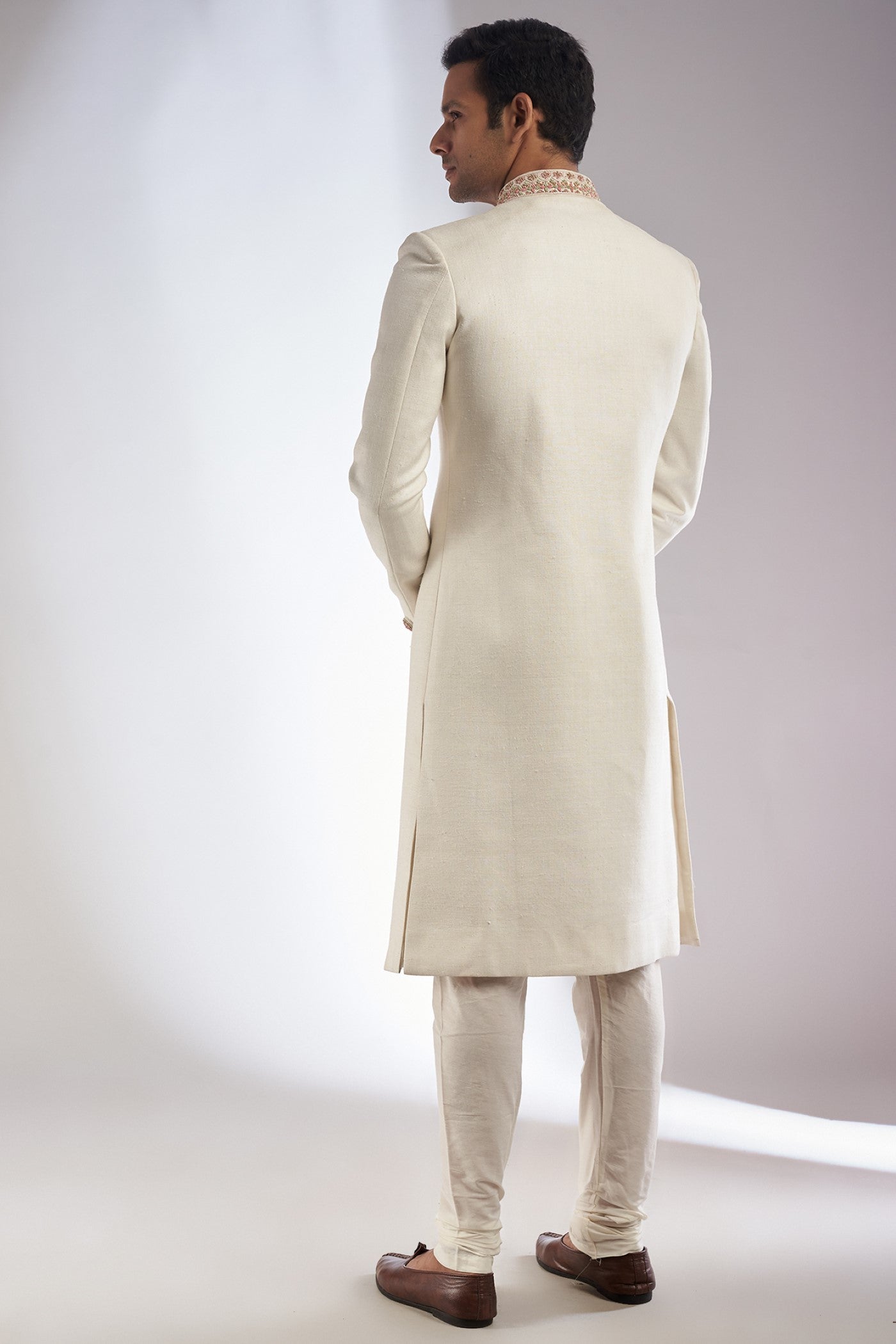 White Double Matka Silk Sherwani Set