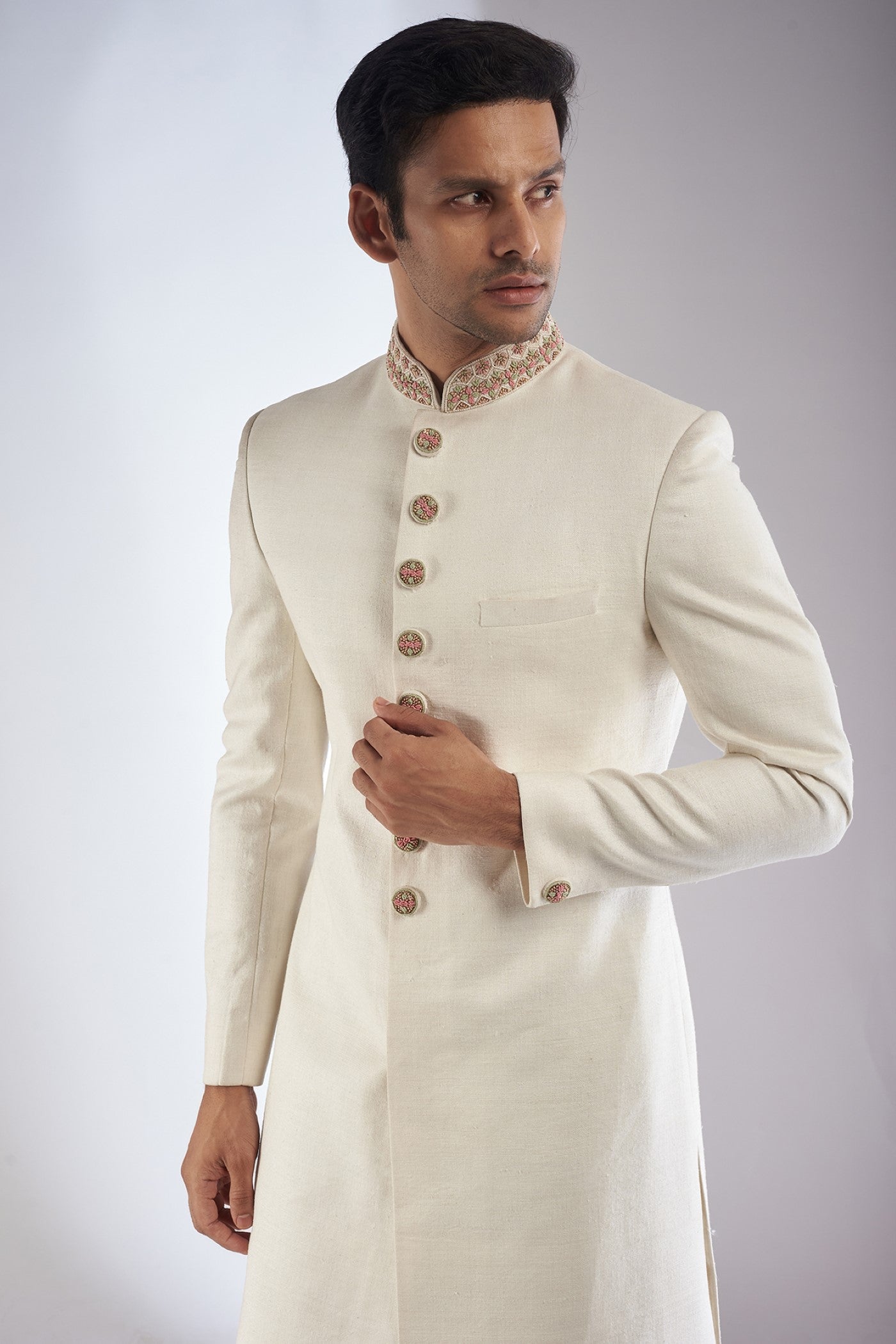 White Double Matka Silk Sherwani Set