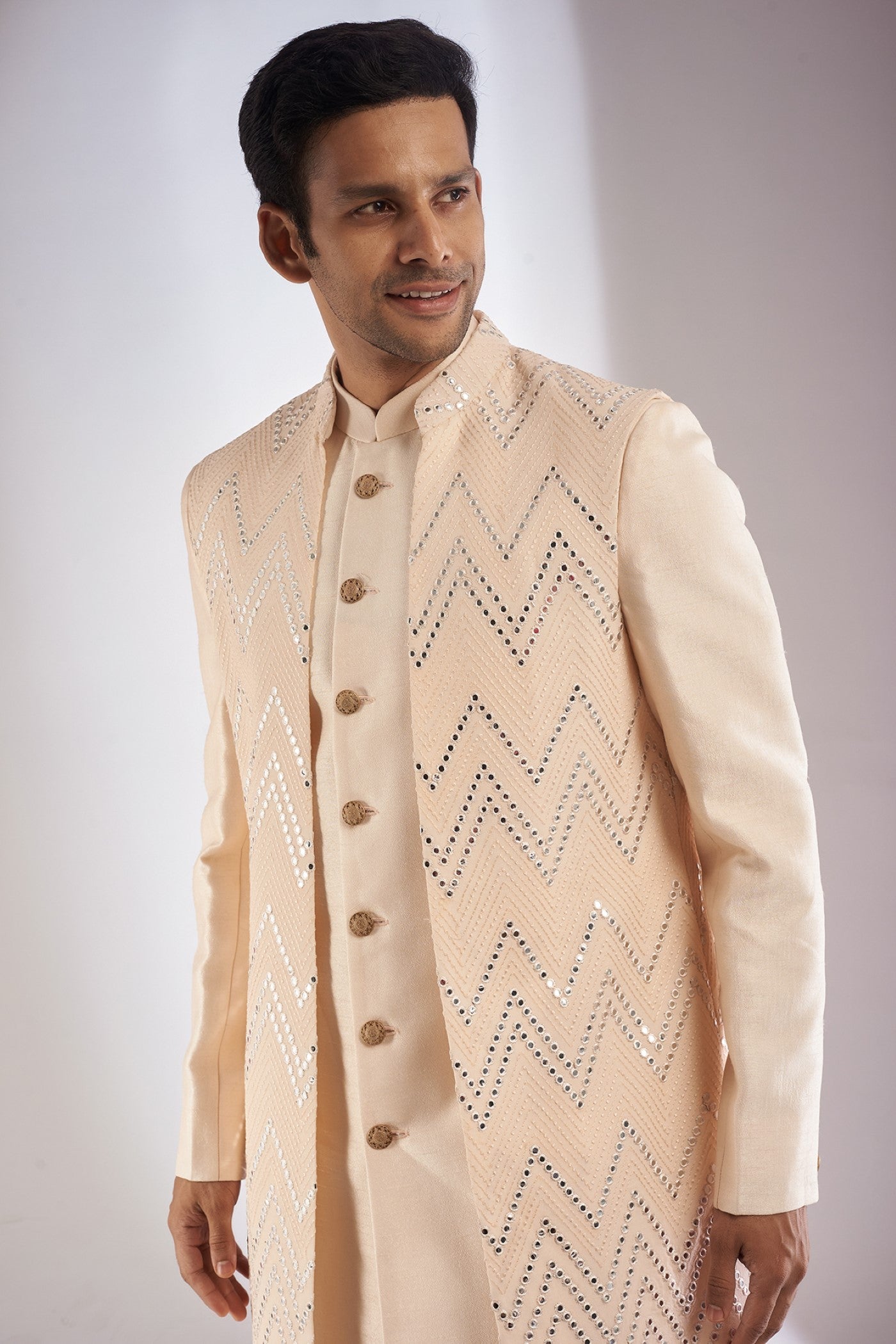 Cream Silk Embroidered Indowestern Set