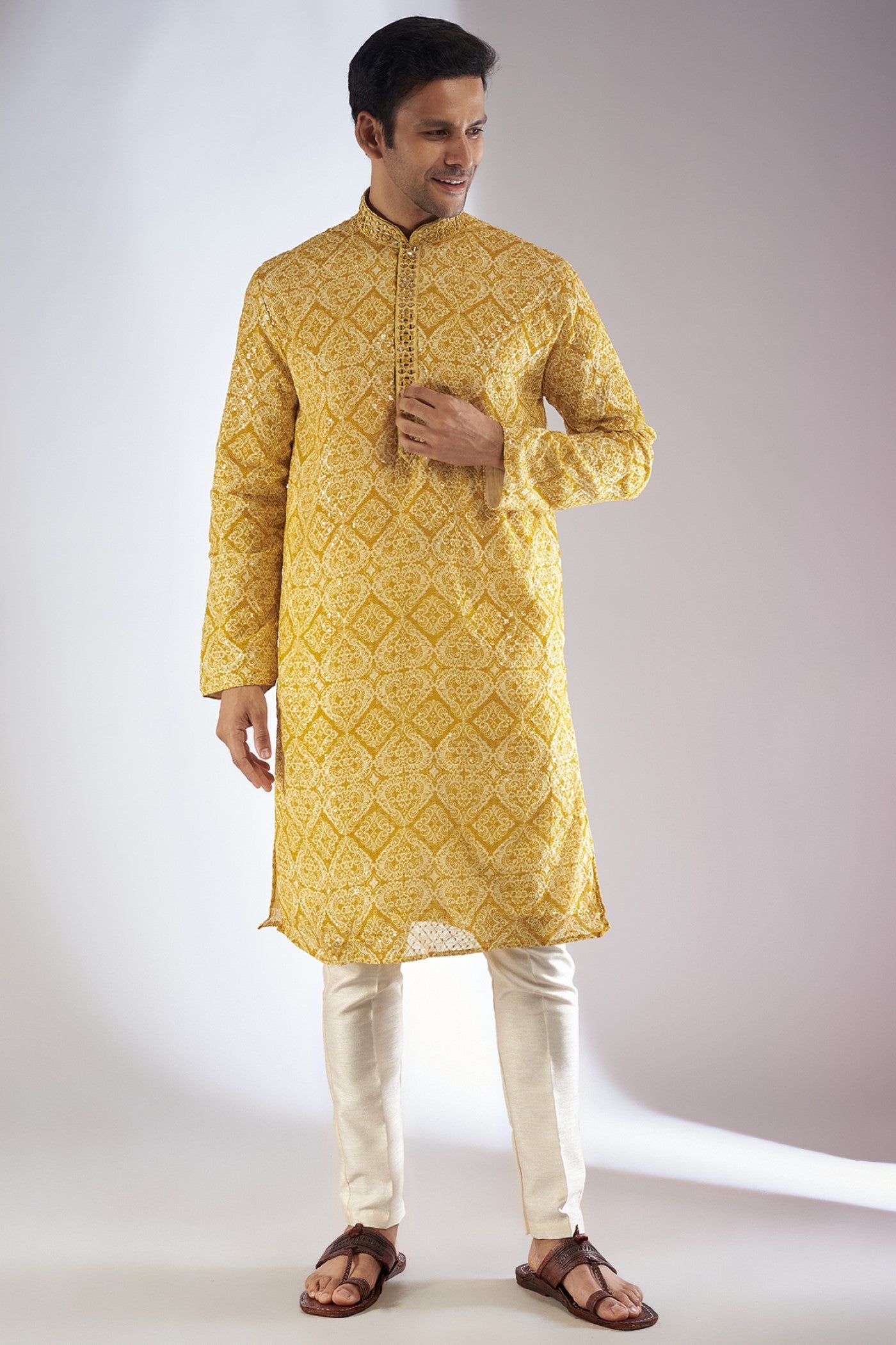 Yellow Silk Printed & Embroidered Kurta Set