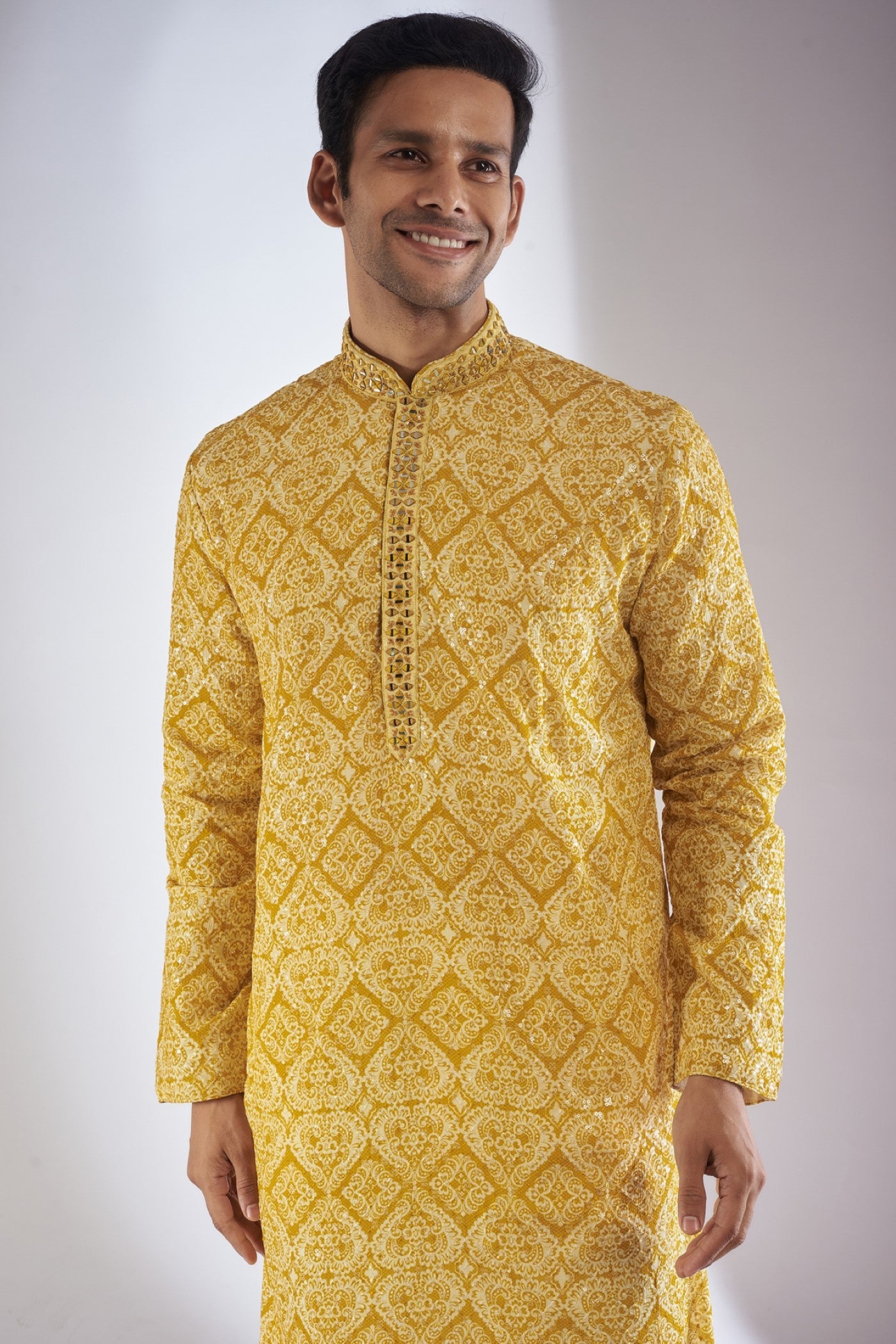 Yellow Silk Printed & Embroidered Kurta Set