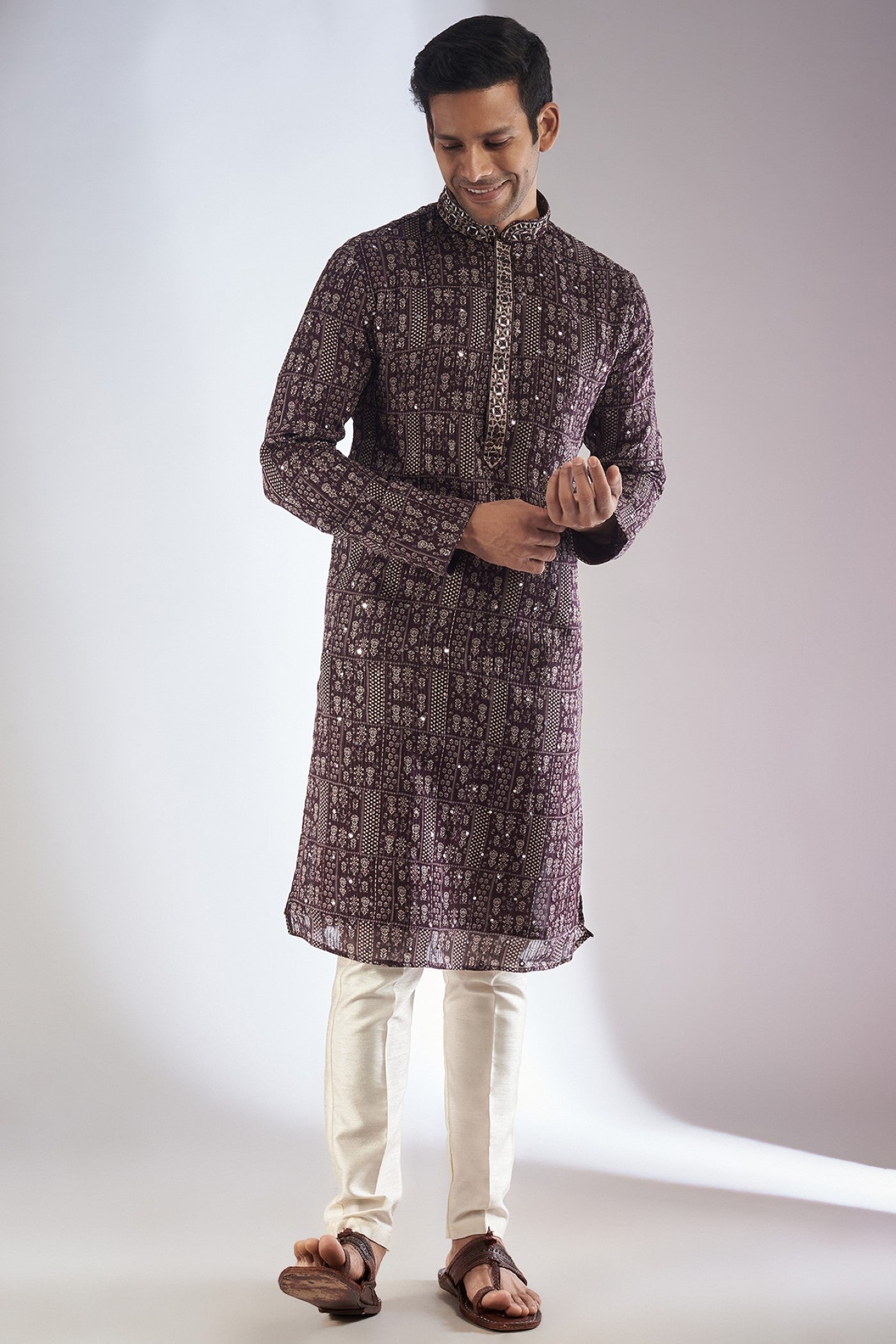 Coffee Brown Silk Printed & Embroidered Kurta Set