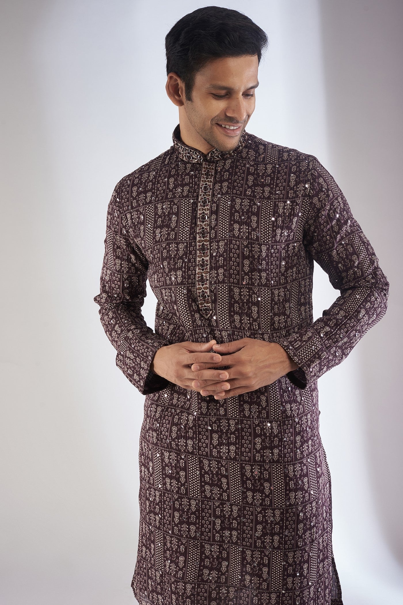 Coffee Brown Silk Printed & Embroidered Kurta Set