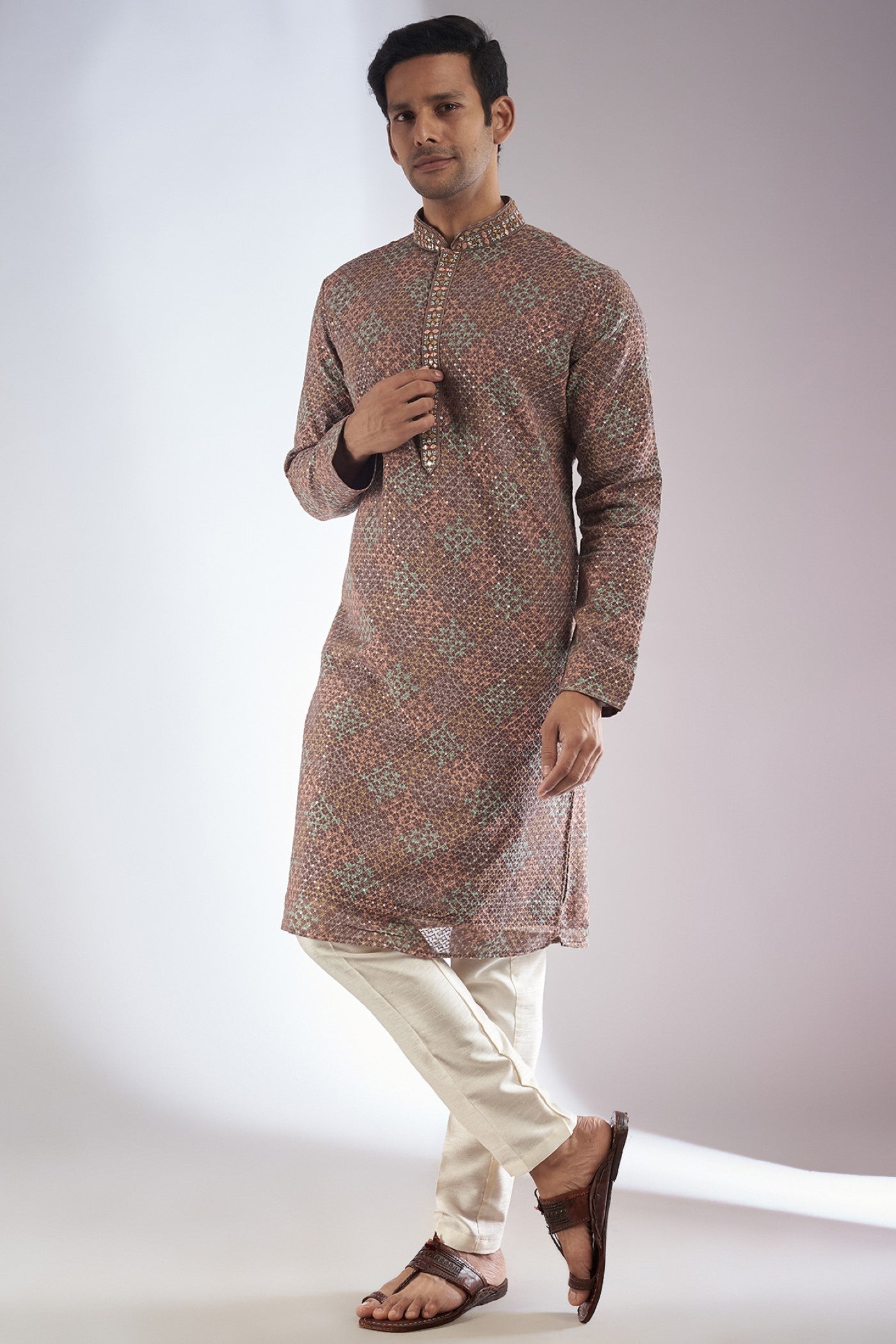 Brown Lucknowi Printed & Embroidered Kurta Set