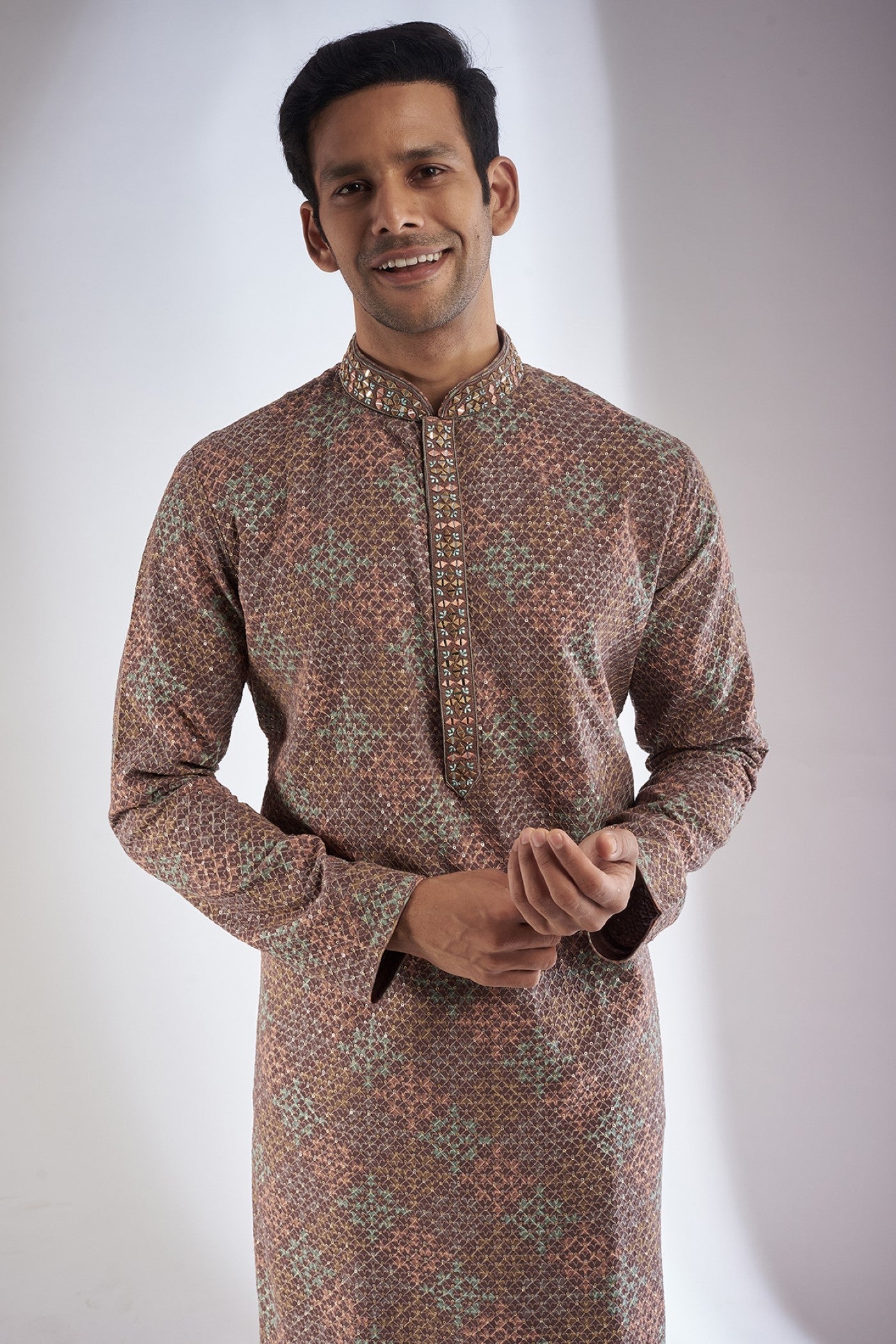 Brown Lucknowi Printed & Embroidered Kurta Set