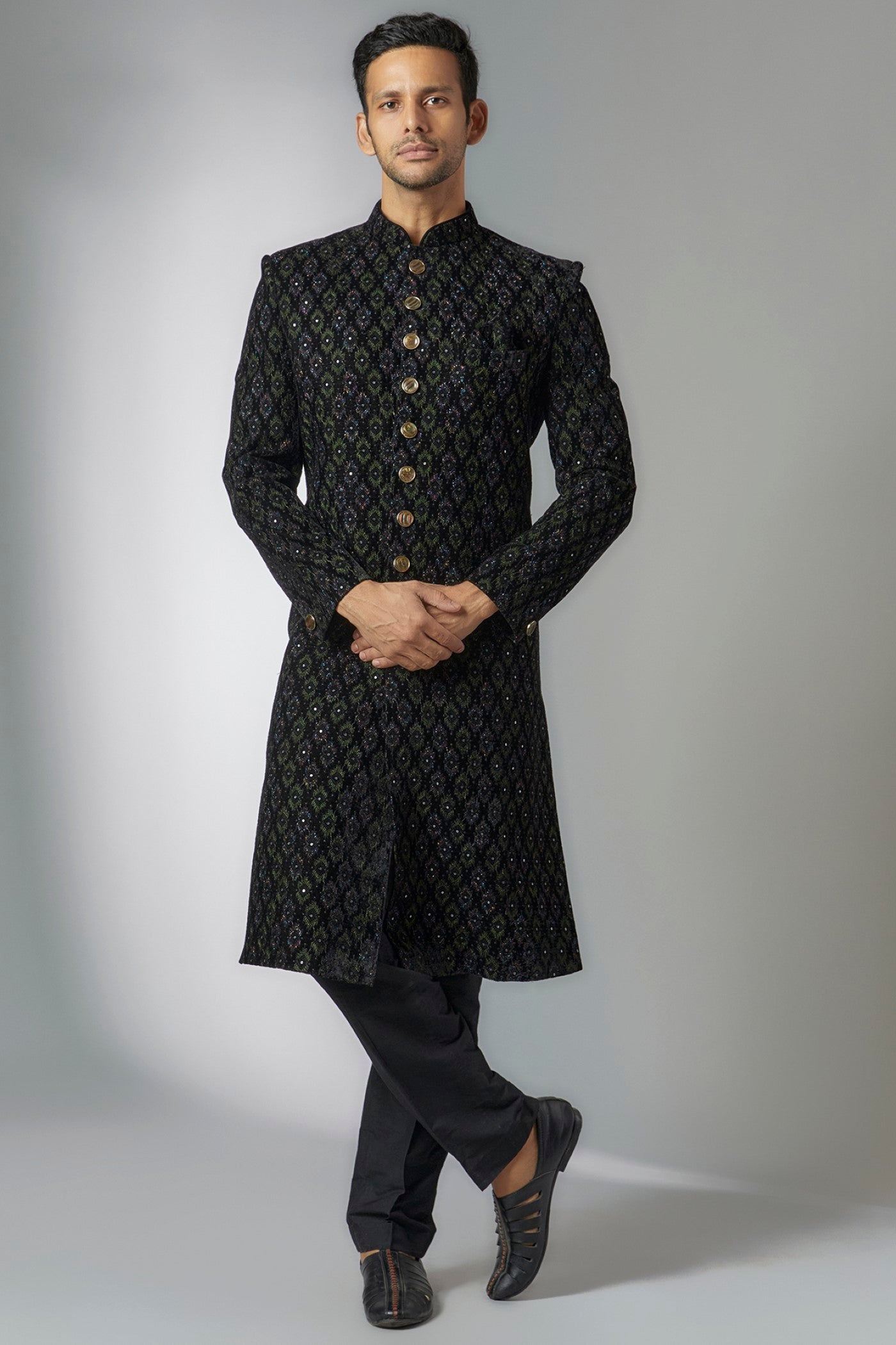 Black Velvet Embroidered Sherwani Set