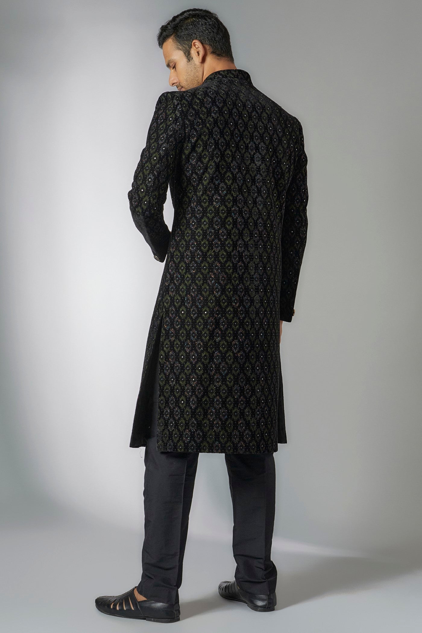 Black Velvet Embroidered Sherwani Set