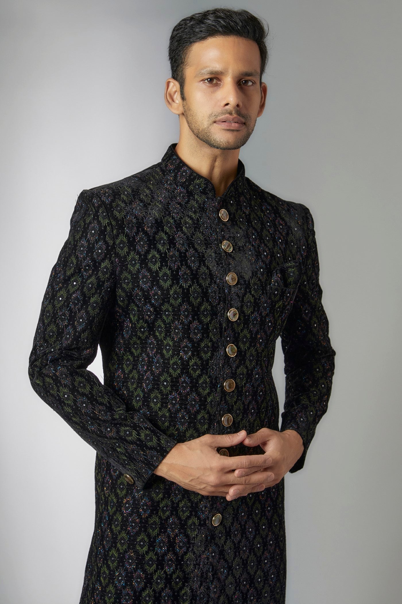 Black Velvet Embroidered Sherwani Set