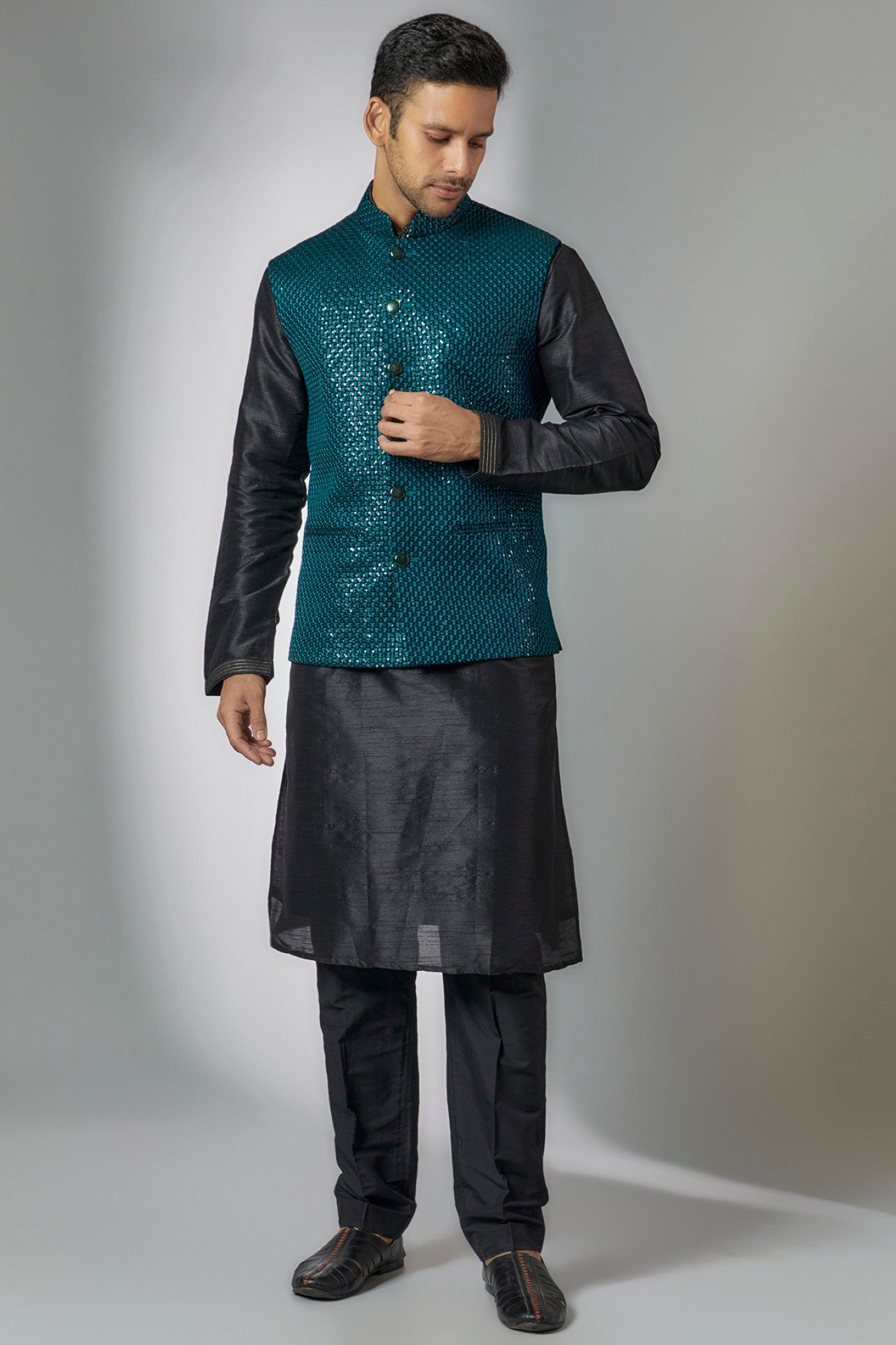 Teal Blue Velvet Embroidered Bundi Set