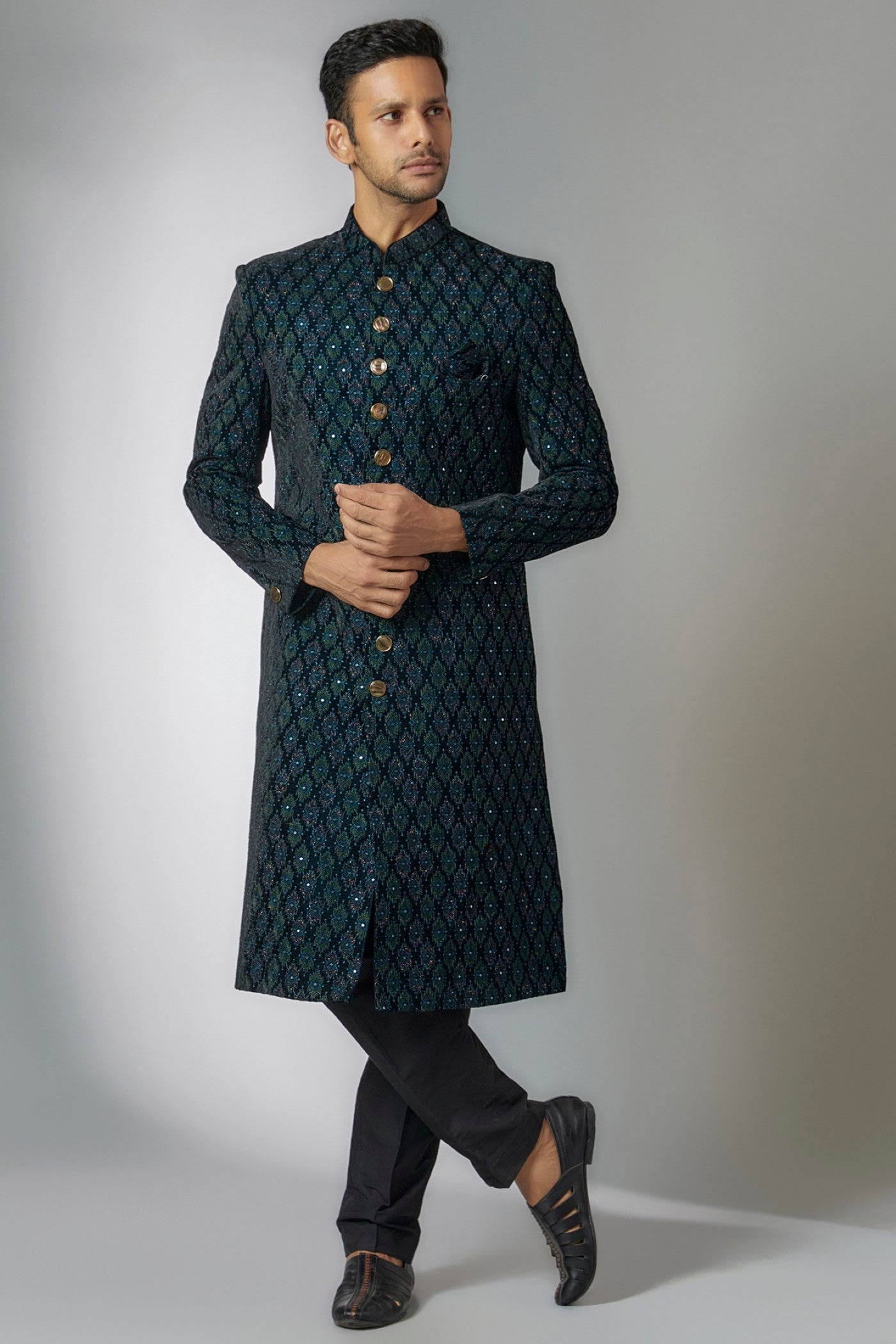 Blue Velvet Embroidered Sherwani Set