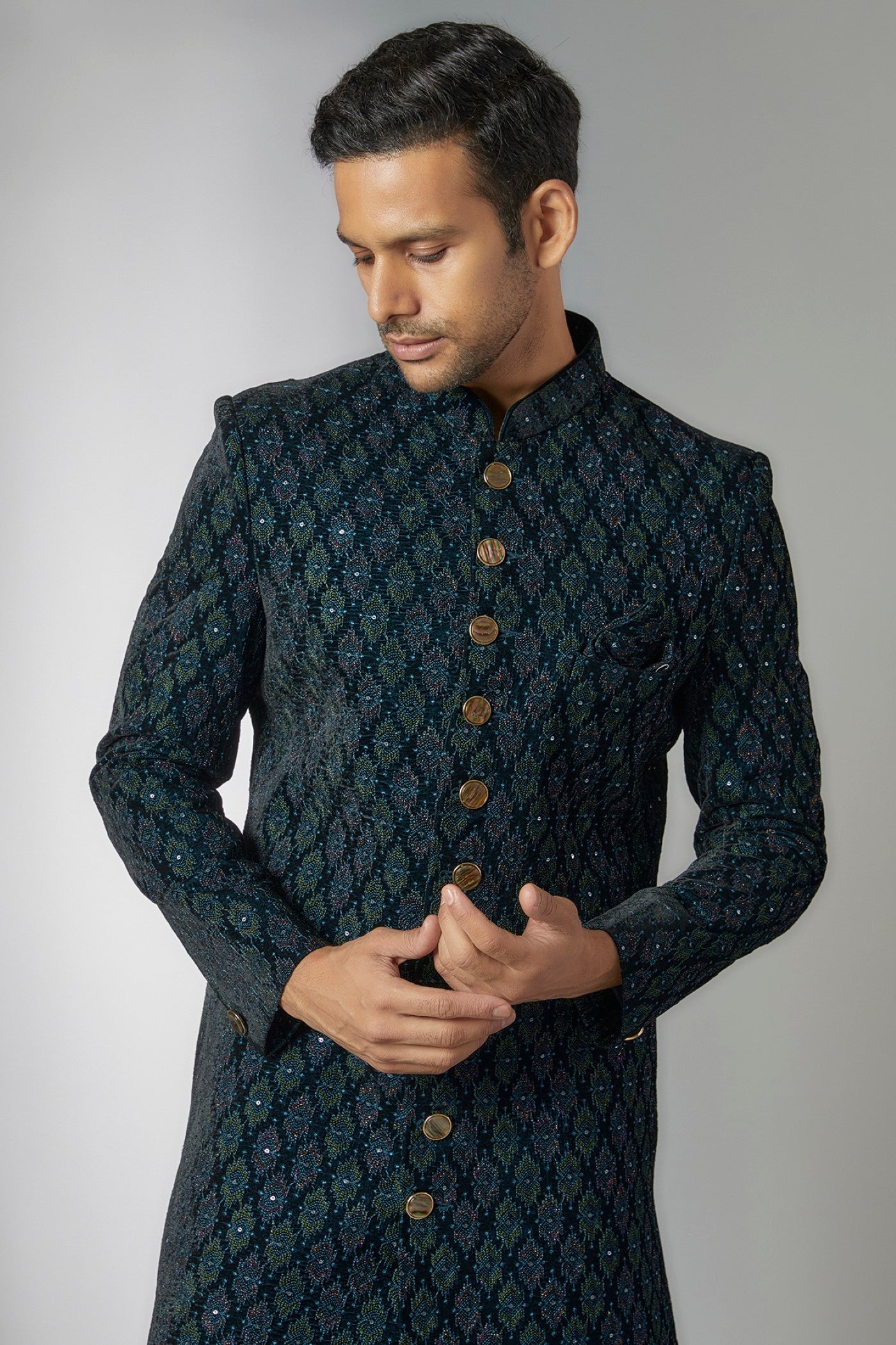 Blue Velvet Embroidered Sherwani Set