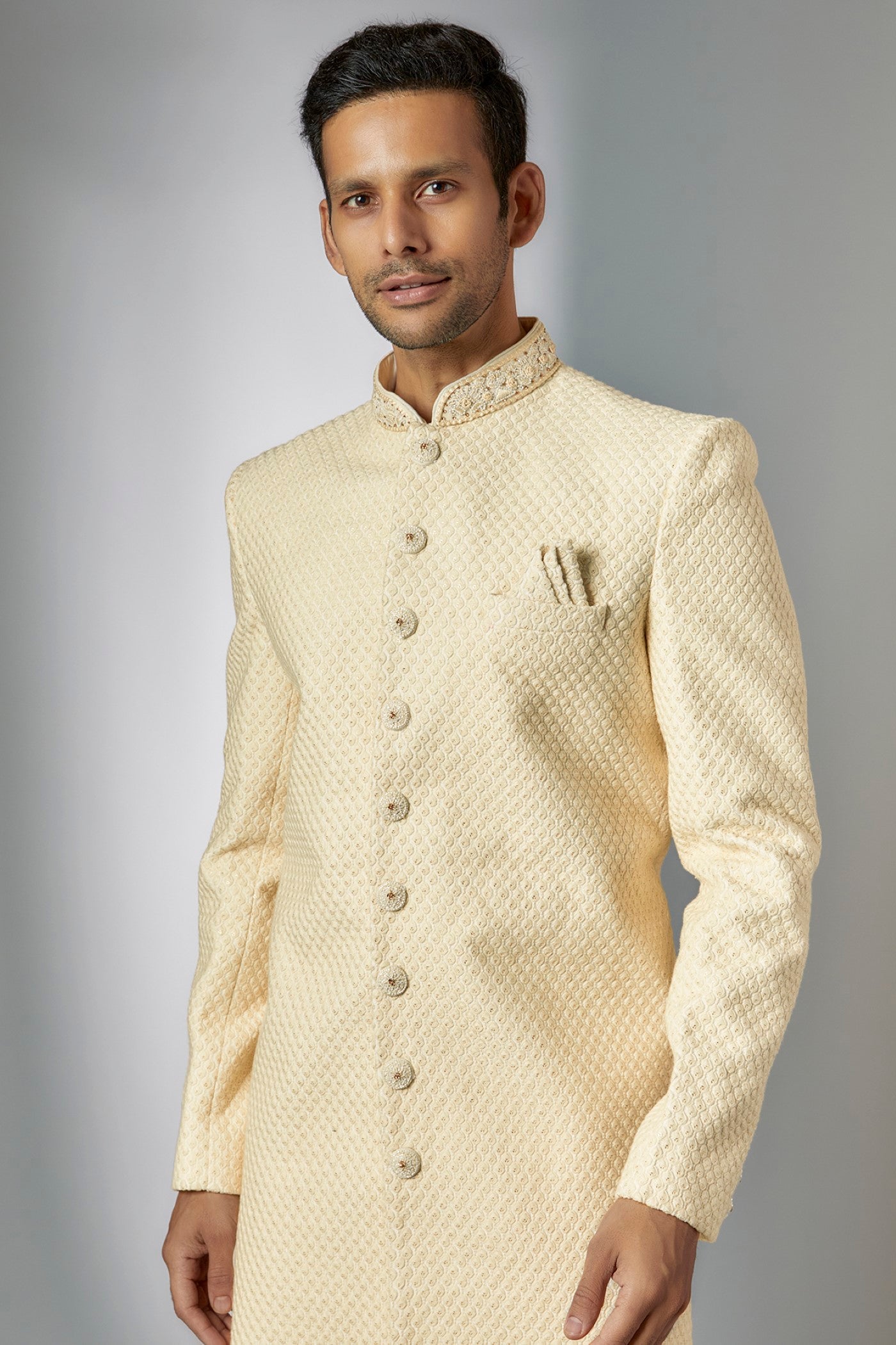 White Lucknowi Embroidered Sherwani Set