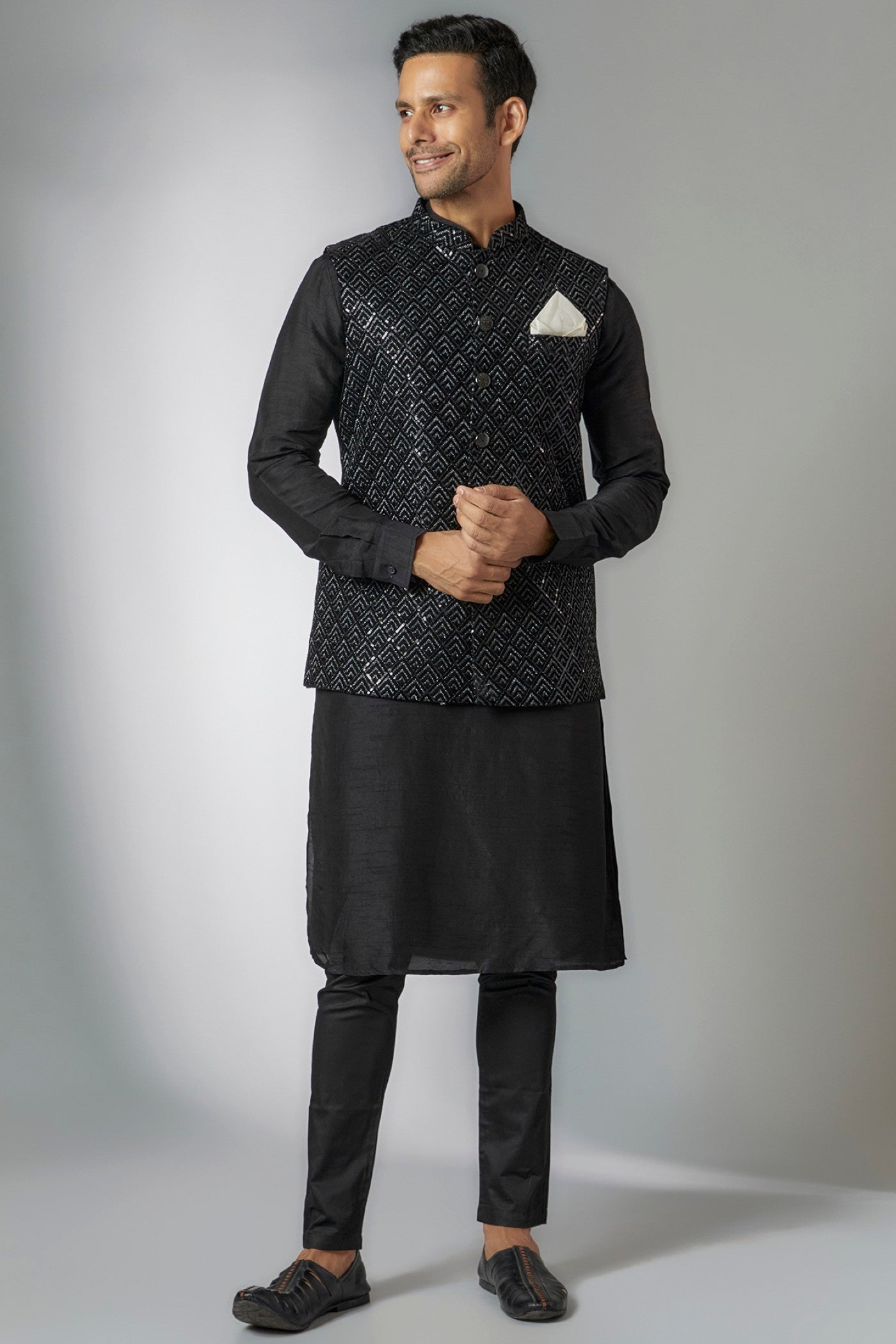 Black Velvet Embroidered Bundi Jacket Set