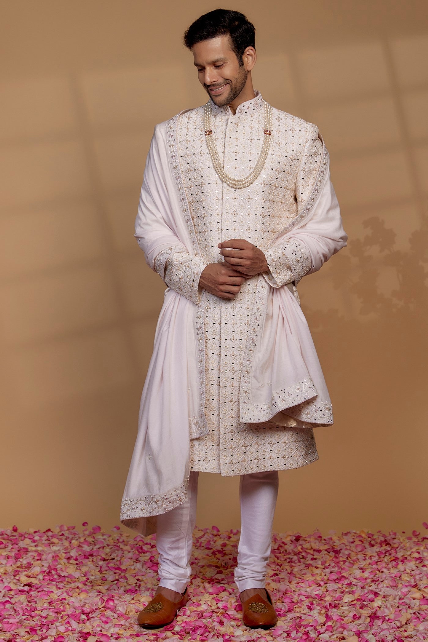 Alabaster White Raw Silk Sequin Embellished Sherwani Set