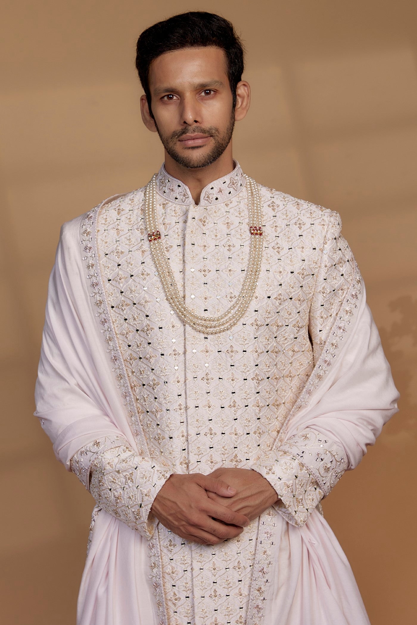 Alabaster White Raw Silk Sequin Embellished Sherwani Set