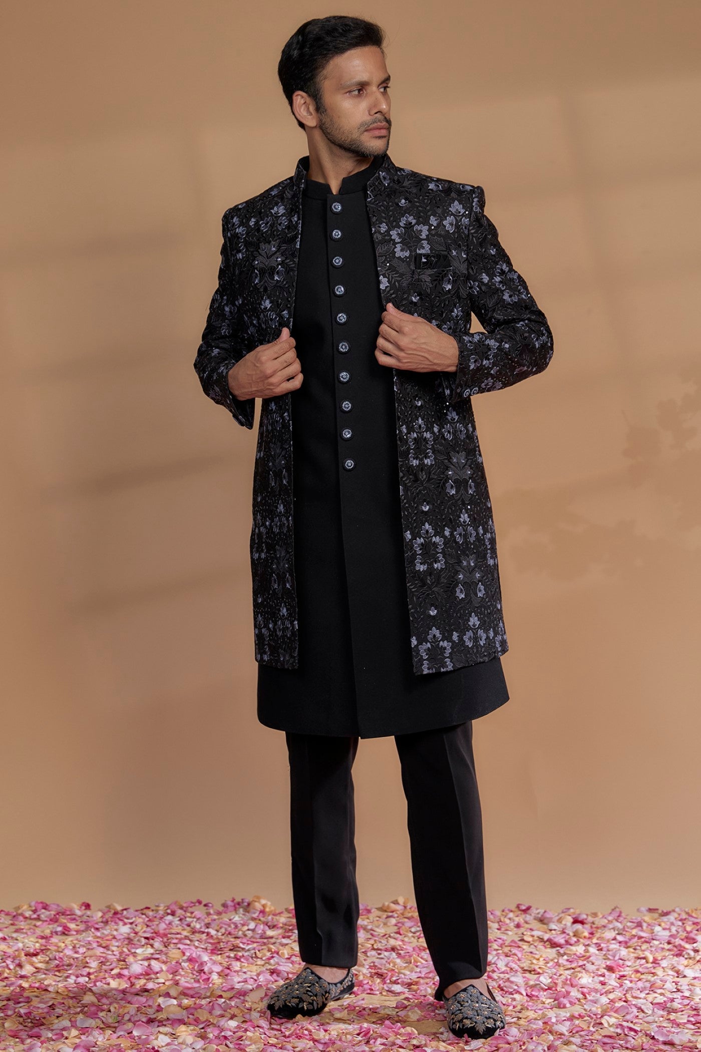 Black Silk Embroidered Indowestern Set