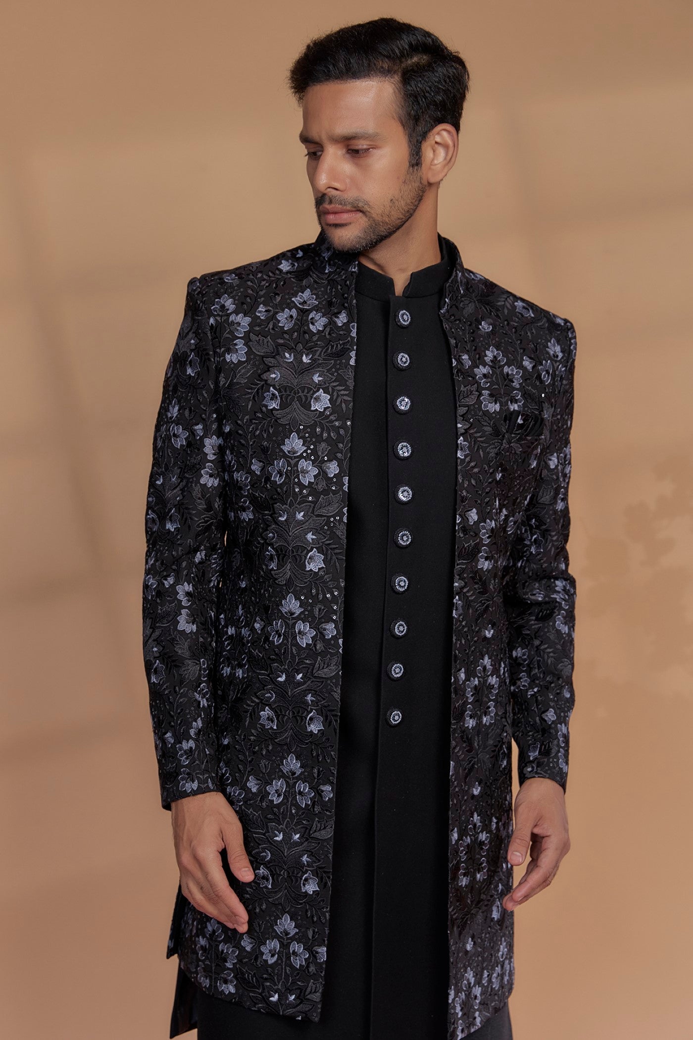 Black Silk Embroidered Indowestern Set