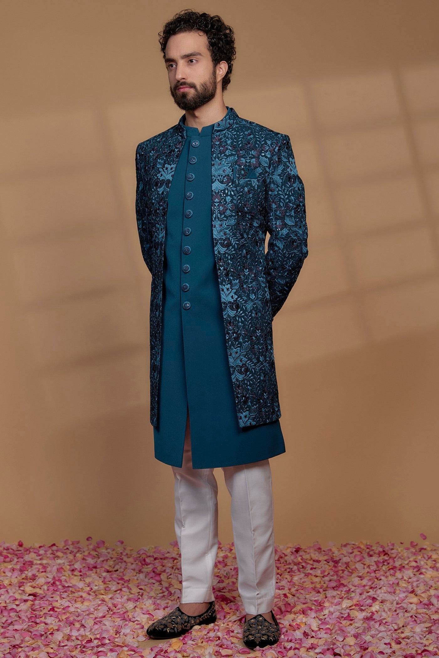 Turkish Blue Silk Thread Embroidered Indowestern Set