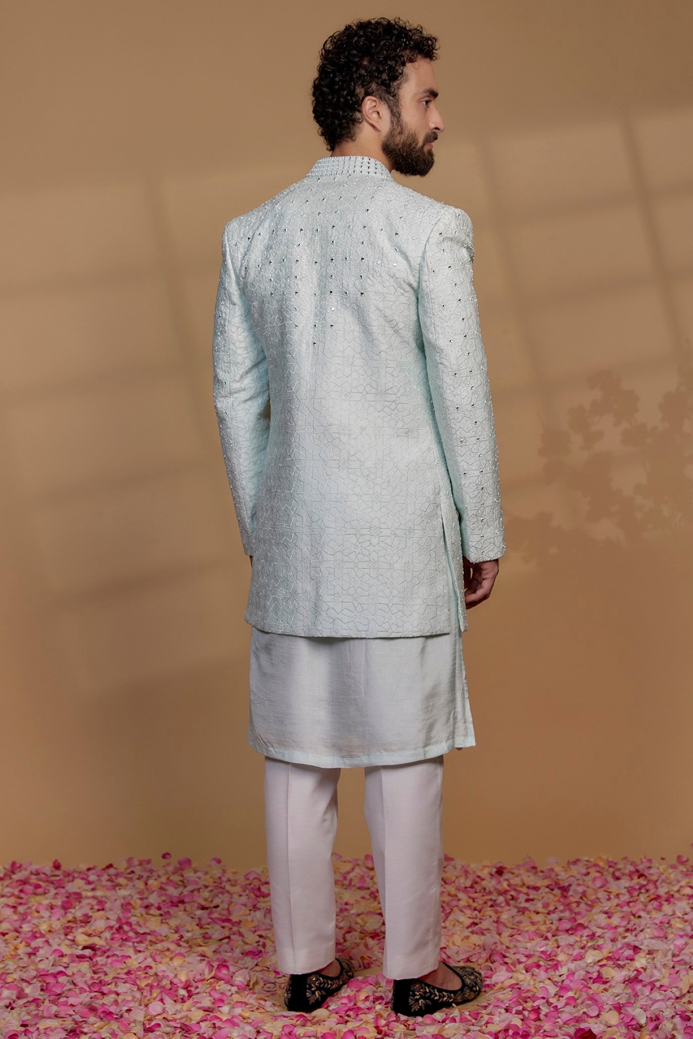 Powder Blue Raw Silk Mirror Embroidered Indowestern Set
