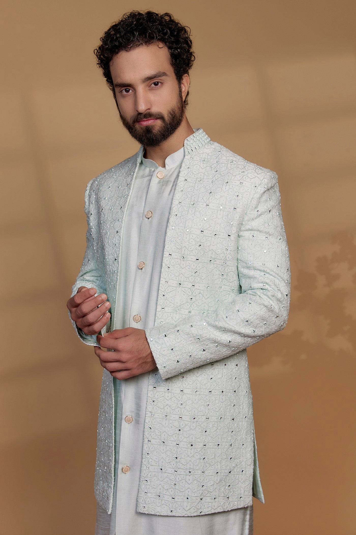 Powder Blue Raw Silk Mirror Embroidered Indowestern Set