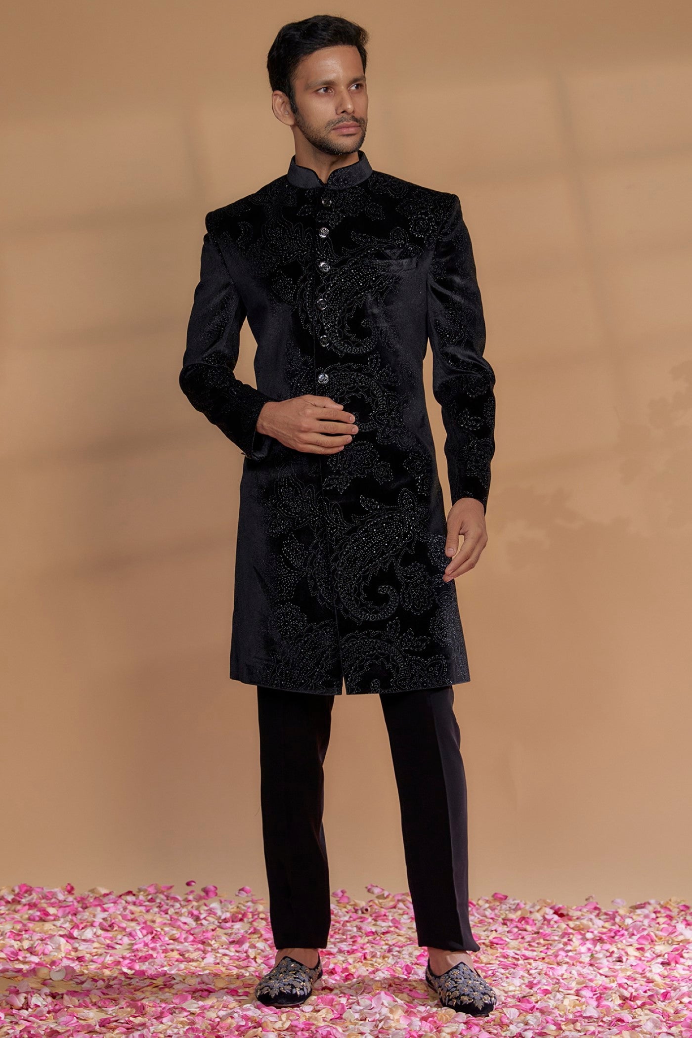 Black Imported Velvet Sherwani Set