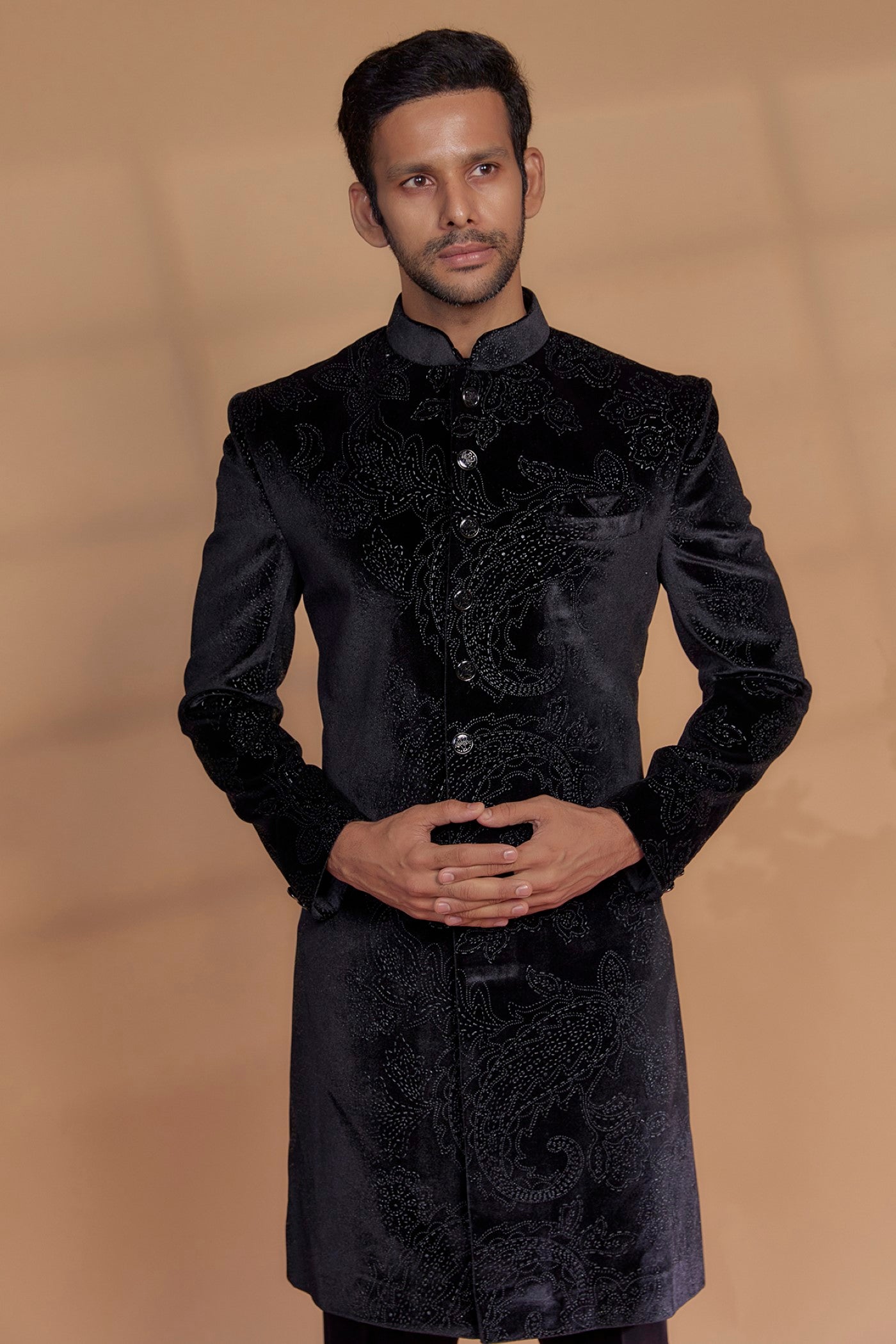 Black Imported Velvet Sherwani Set