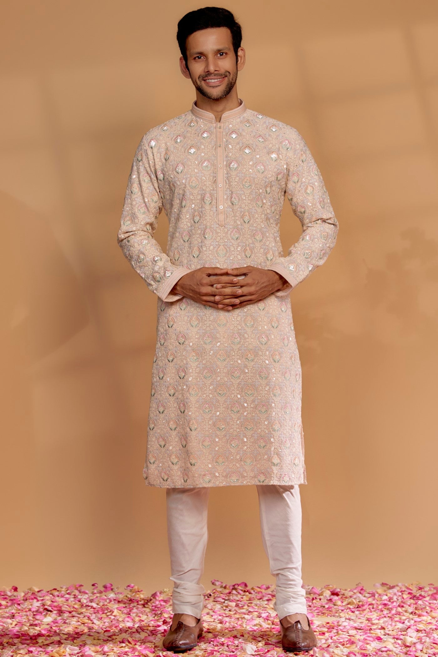 Powder Pink Banarasi Silk Thread Embroidered Kurta Set