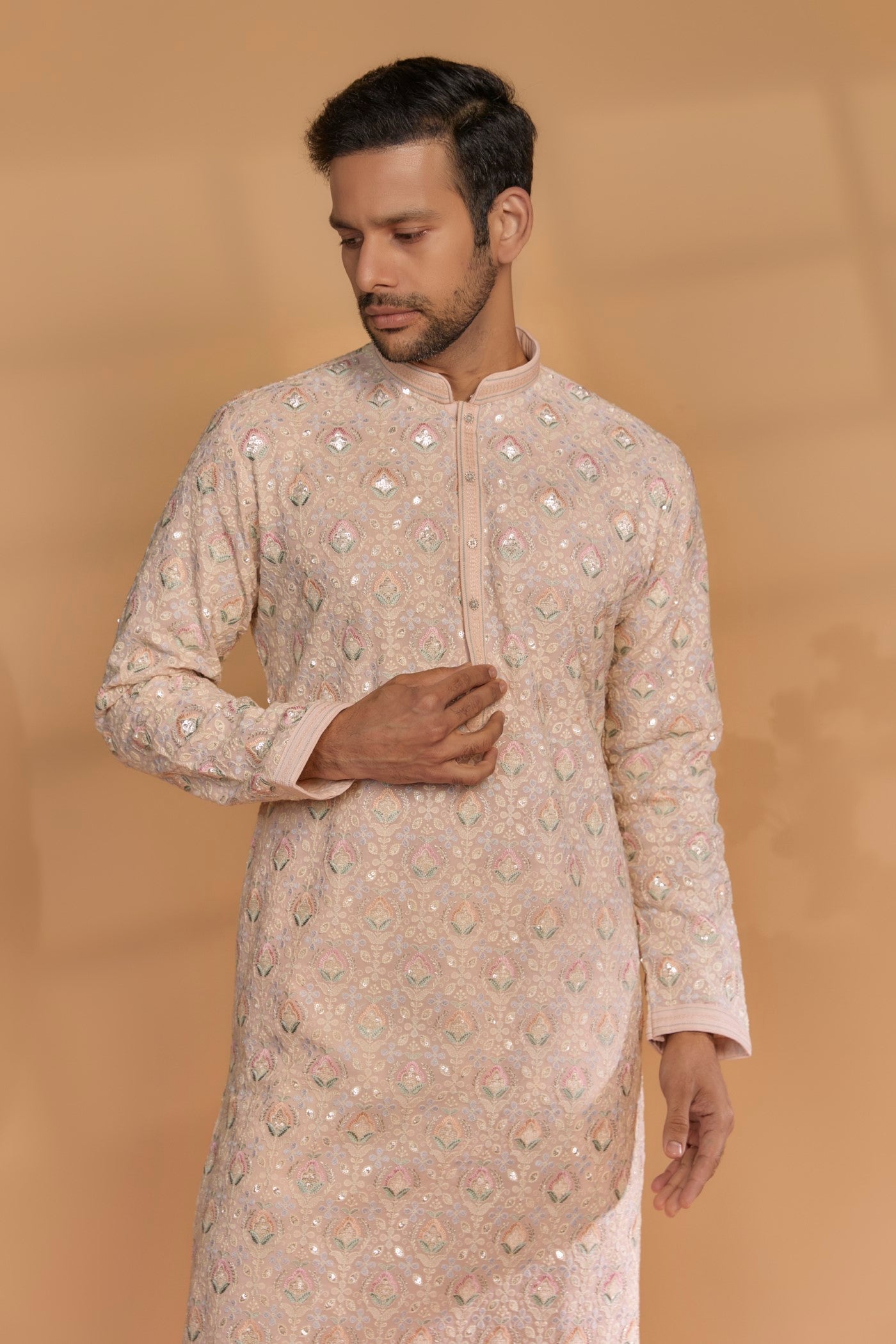 Powder Pink Banarasi Silk Thread Embroidered Kurta Set