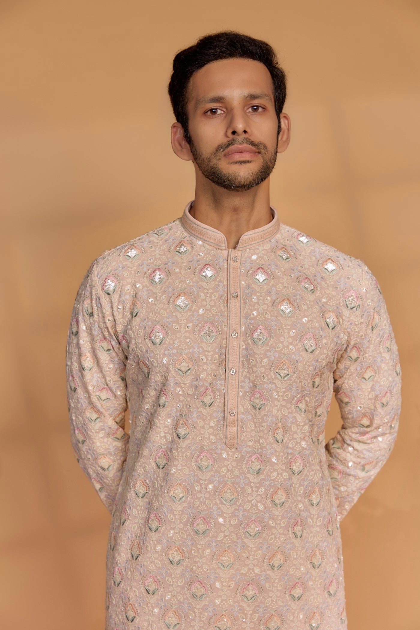 Powder Pink Banarasi Silk Thread Embroidered Kurta Set