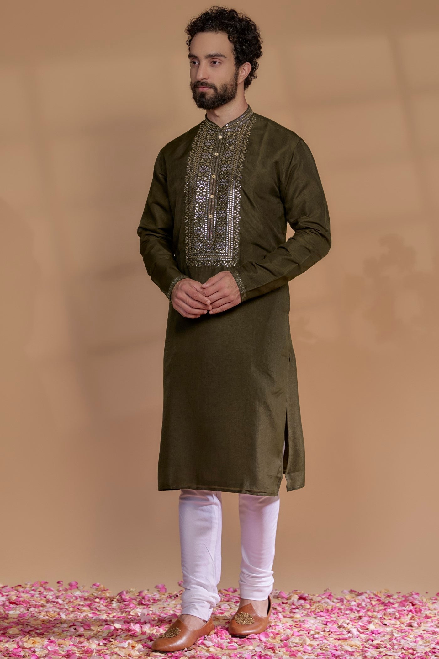 Dark Coffee Brown Silk Mirror Embroidered Kurta