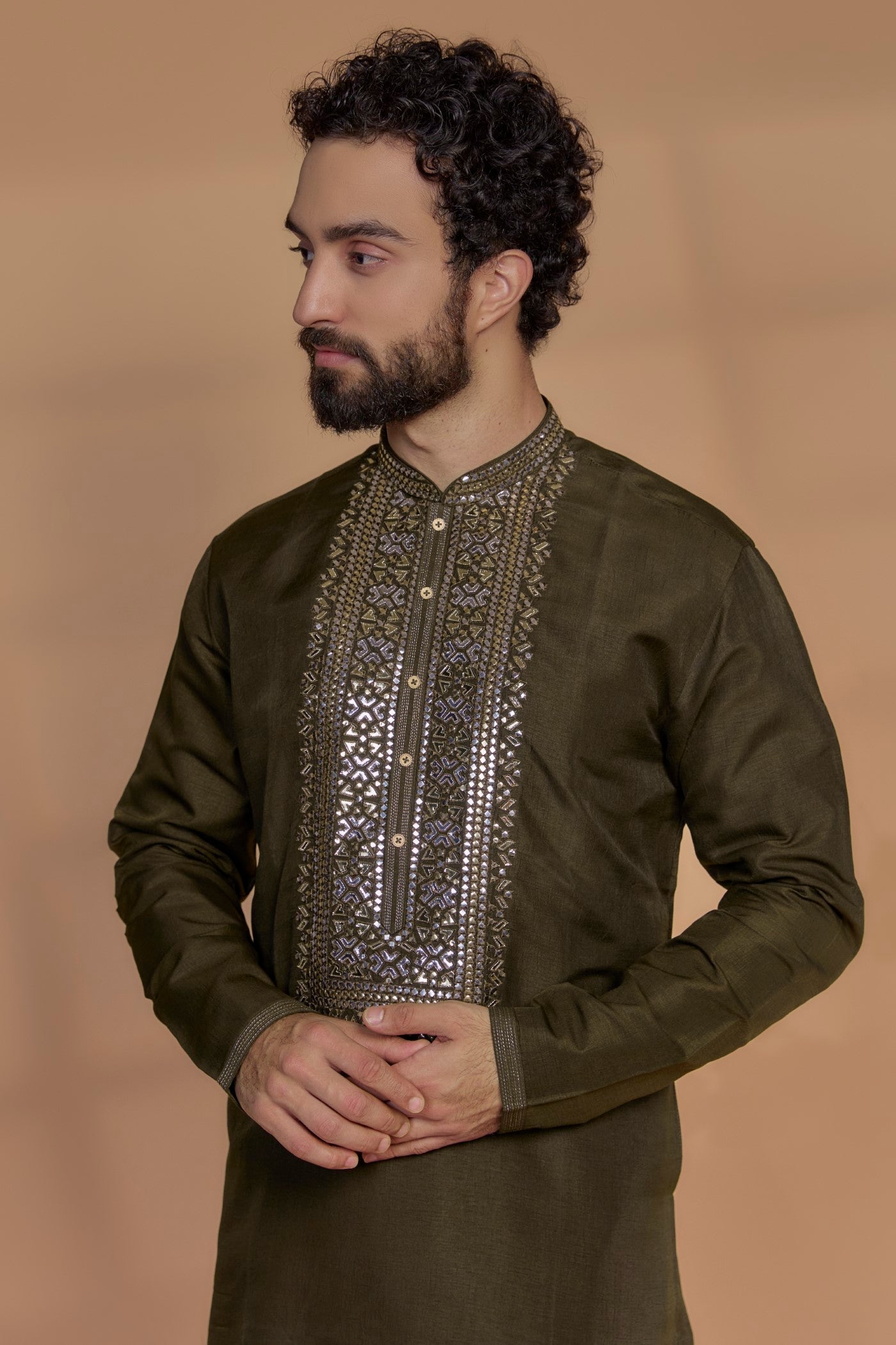 Dark Coffee Brown Silk Mirror Embroidered Kurta