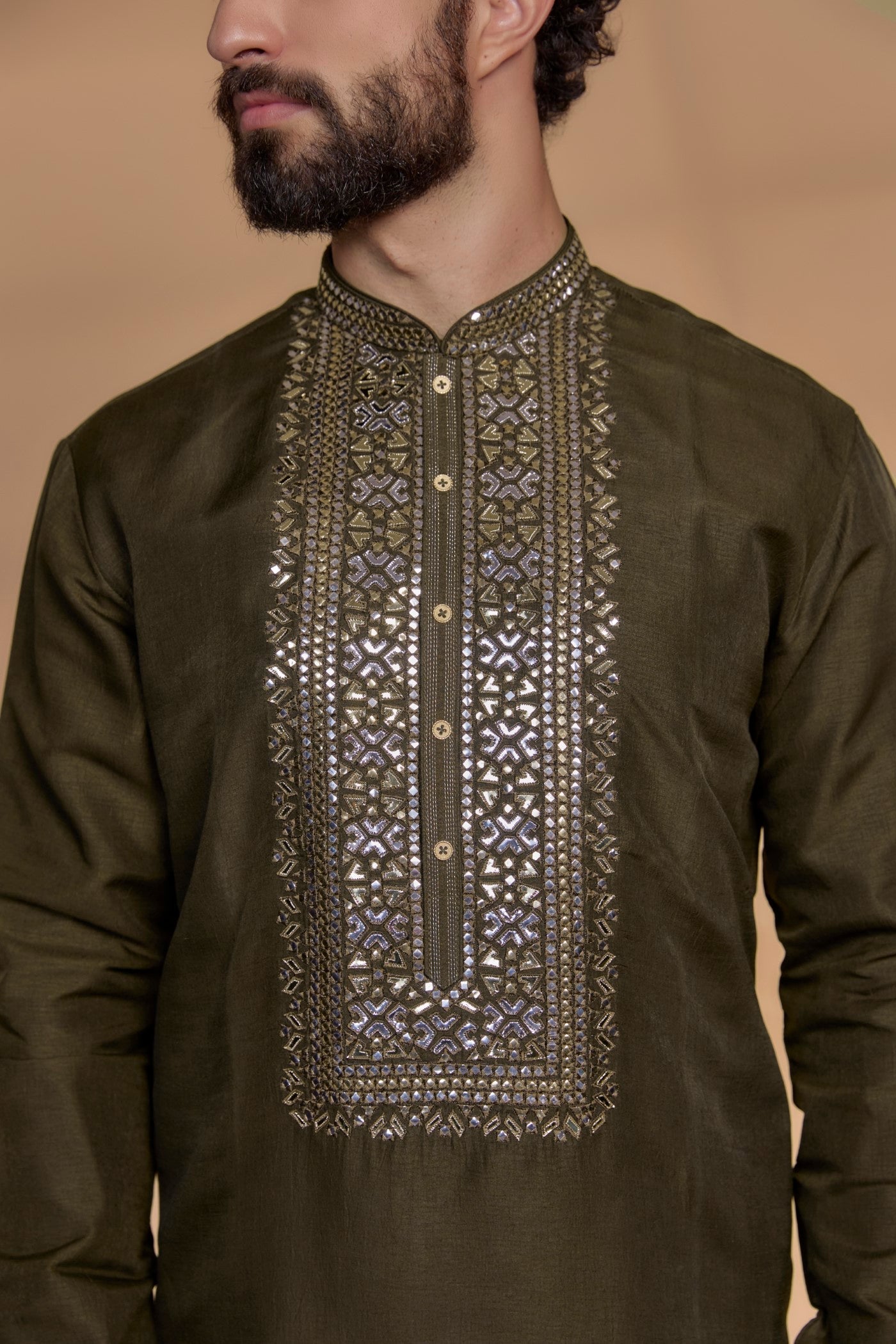 Dark Coffee Brown Silk Mirror Embroidered Kurta