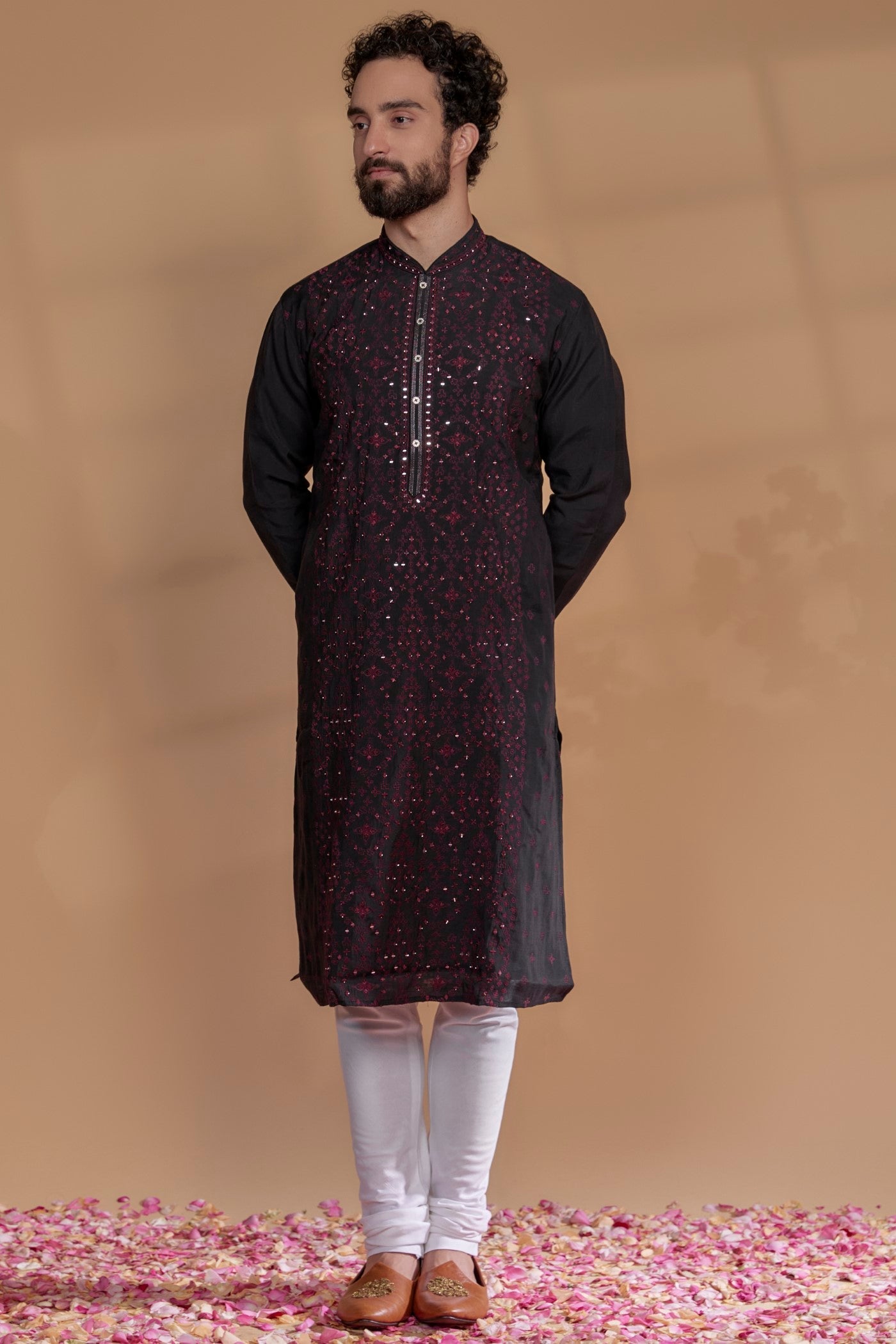 Dark Chocolate Brown Silk Mirror Embroidered Kurta Set