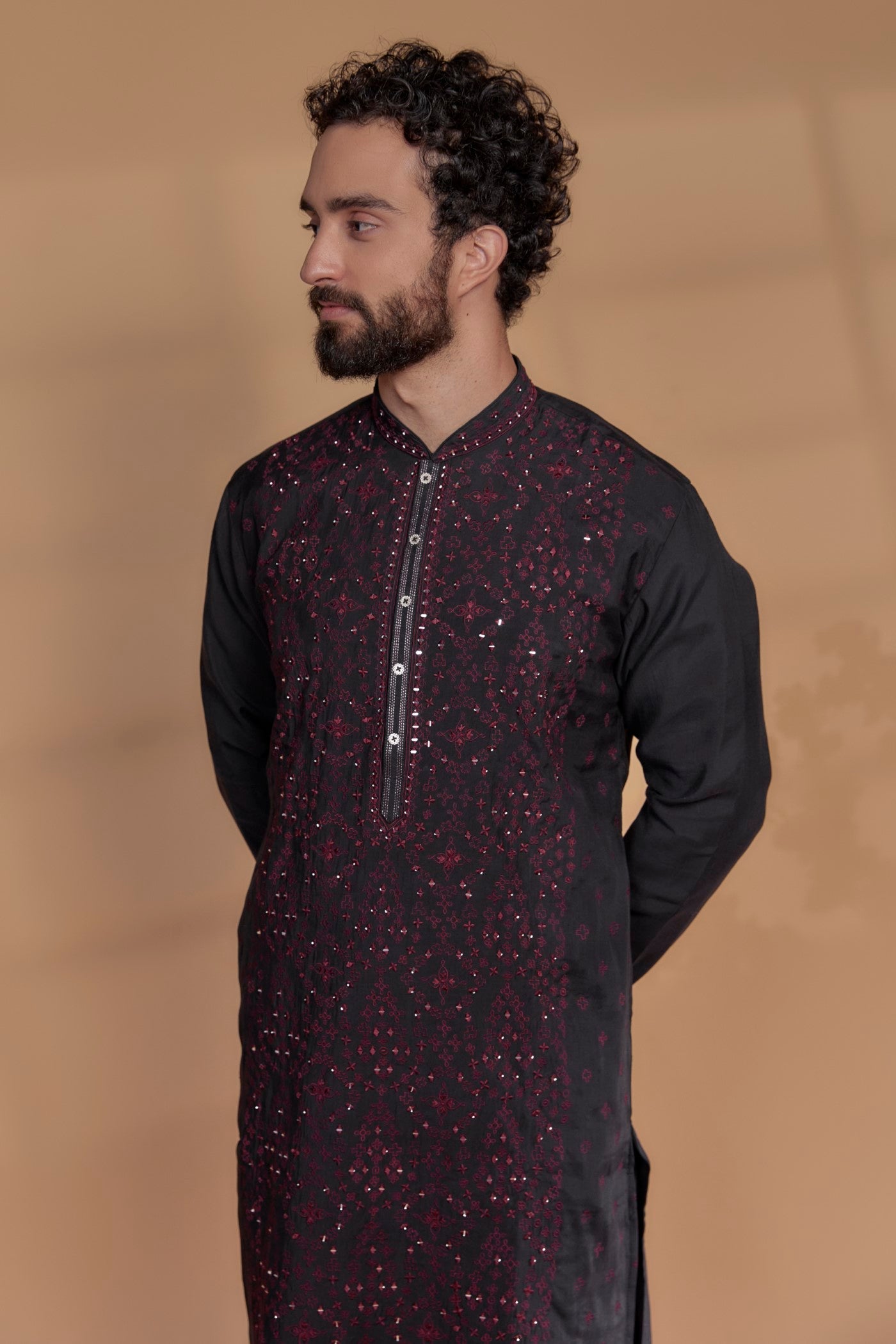 Dark Chocolate Brown Silk Mirror Embroidered Kurta Set