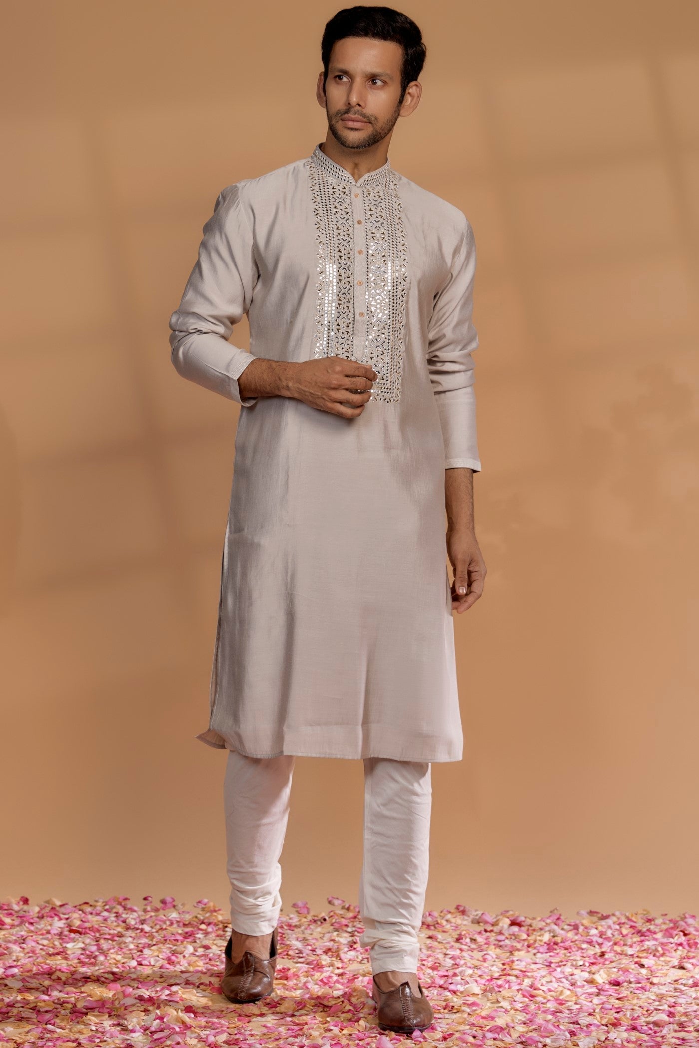 Coconut White Banarasi Silk Mirror Embellished Kurta Set