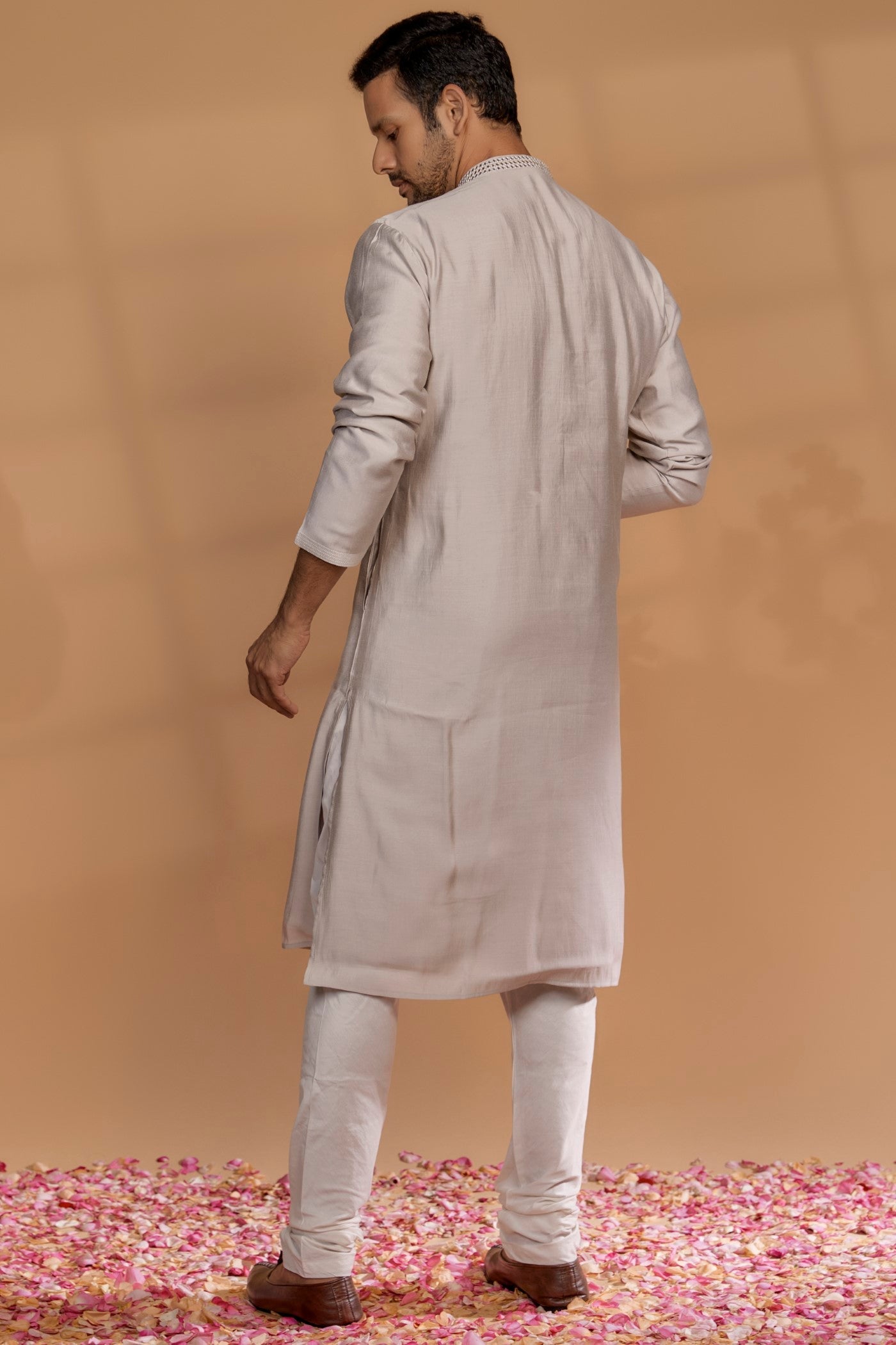 Coconut White Banarasi Silk Mirror Embellished Kurta Set