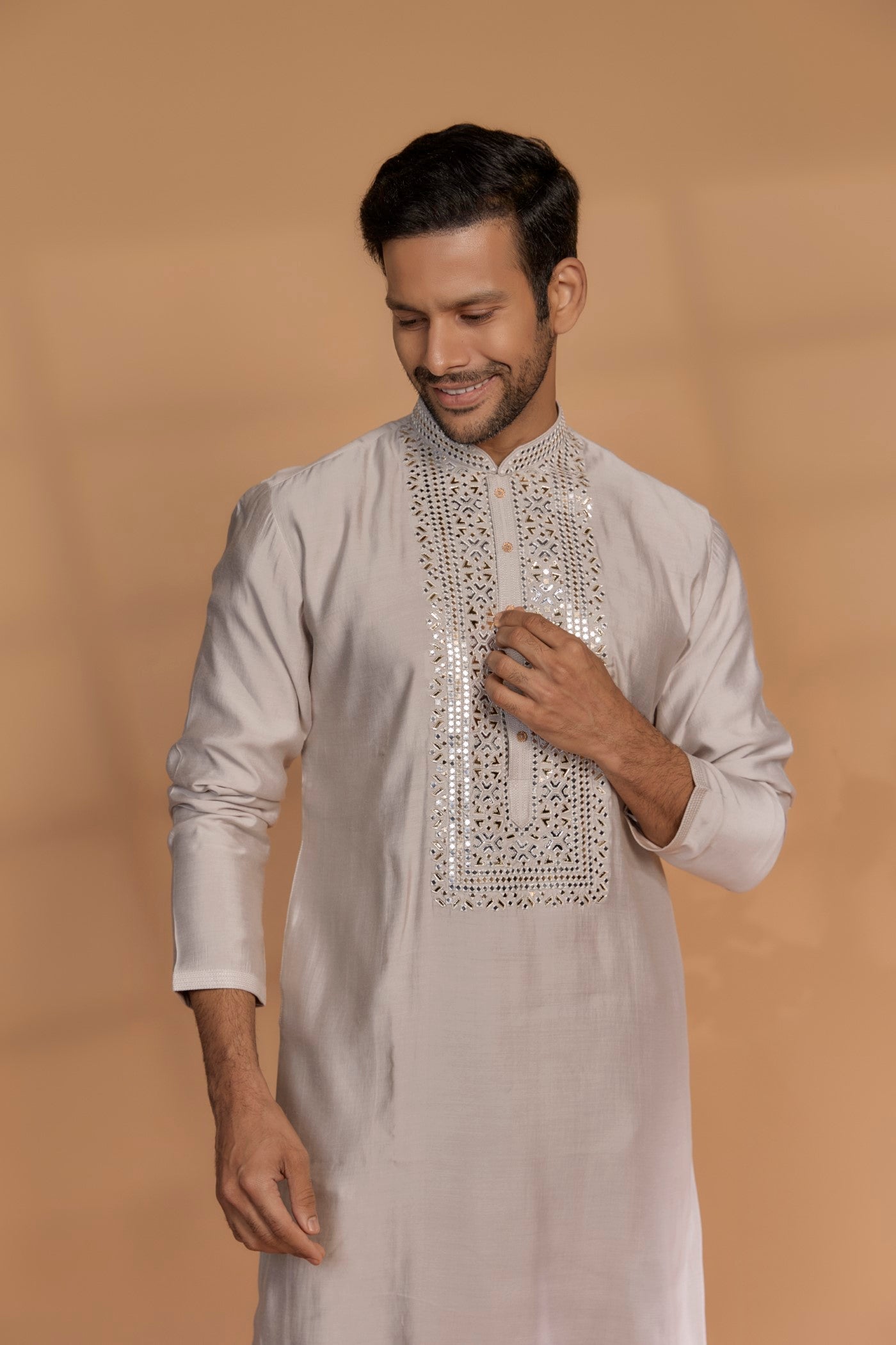 Coconut White Banarasi Silk Mirror Embellished Kurta Set