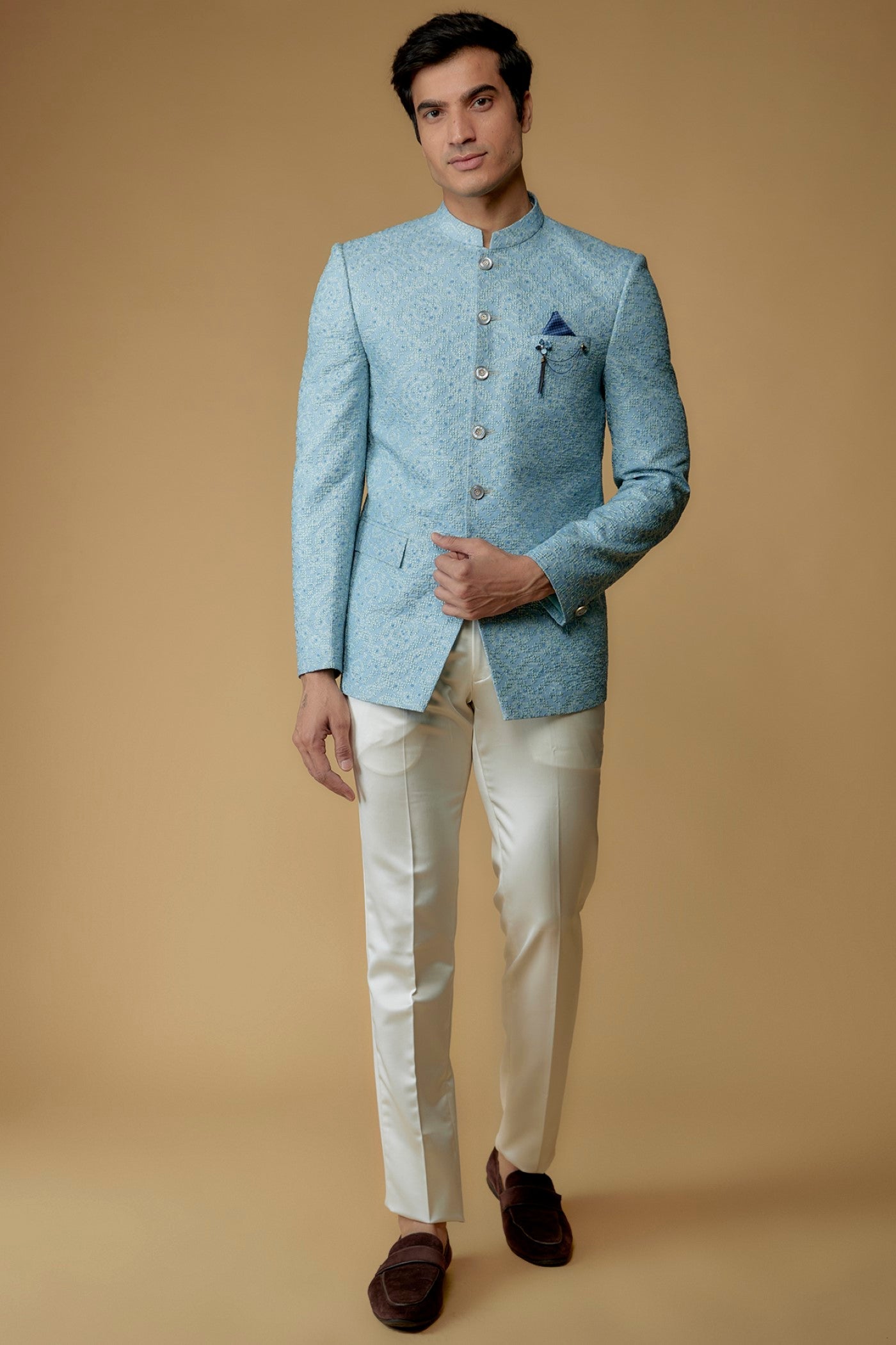 Eccentric Blue Silk Printed Jodhpuri Bandgala Set